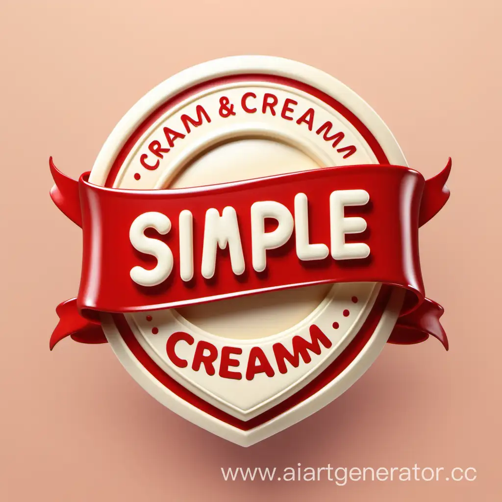 Simple logo of a 3D red and white colors cream ribbon badge, made of cream.
