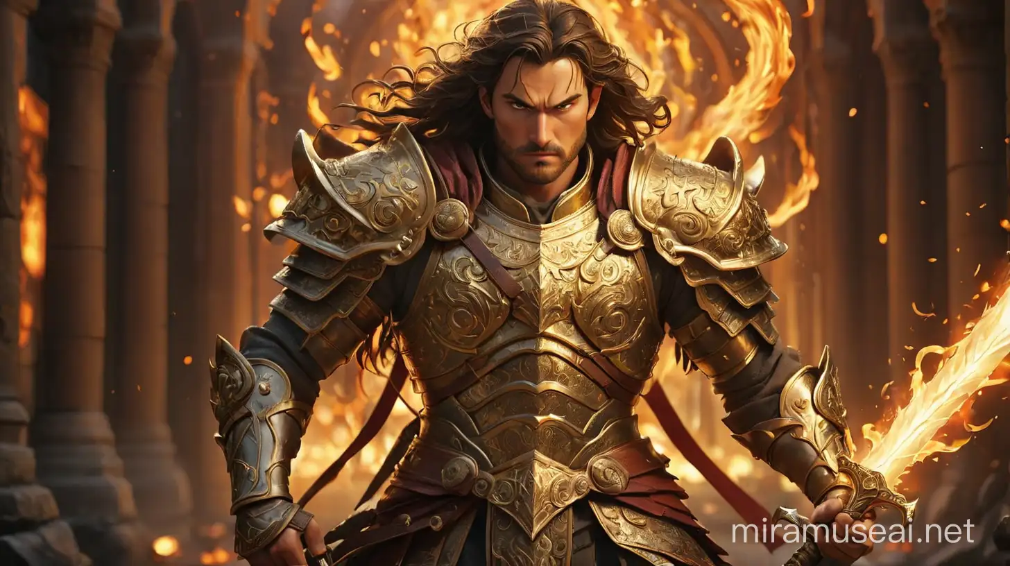 Majestic Warrior in Golden Armor Amidst Blazing Inferno