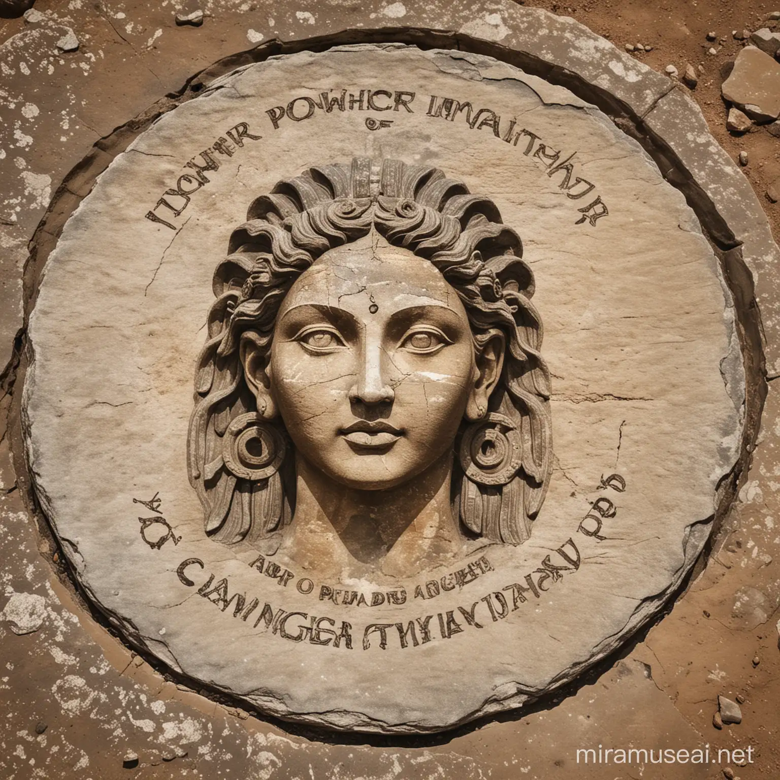 generate a big bold text: "YOUR POWER OF IMAGINATION" on a circle around the ancient stone potrait of a powerful ancient goddess.