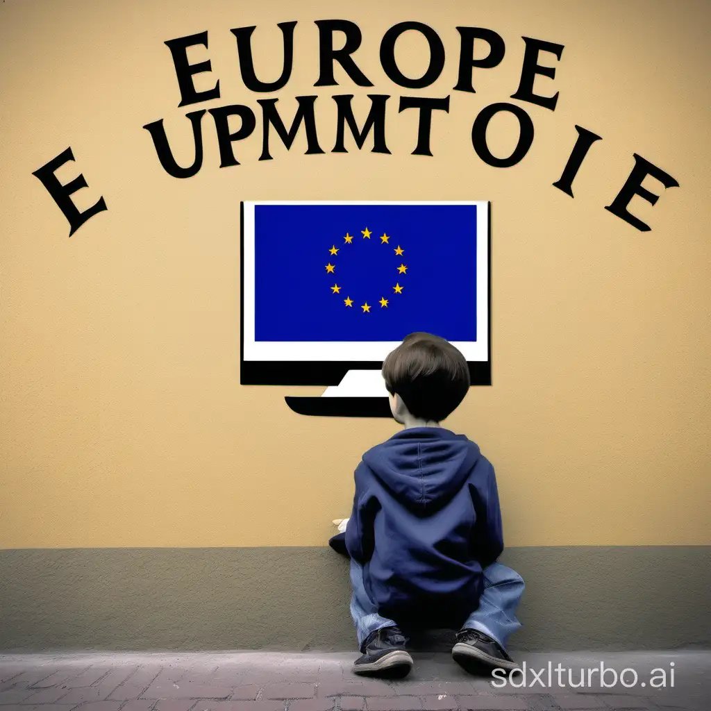 en la pared  el logo de Europa, un chico con un ordenador escribiendo