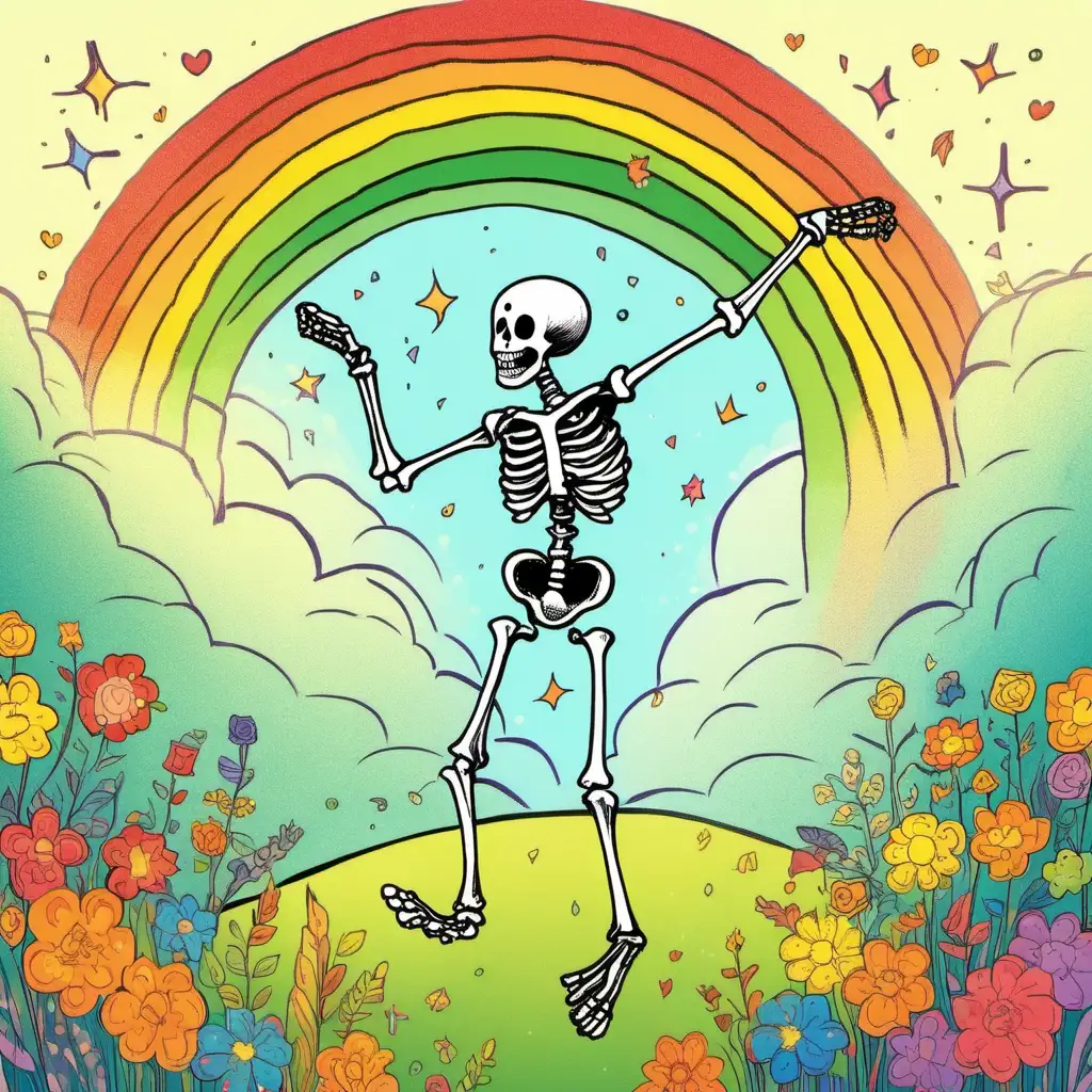 a hand drawn happy skeleton dances in front of a rainbow