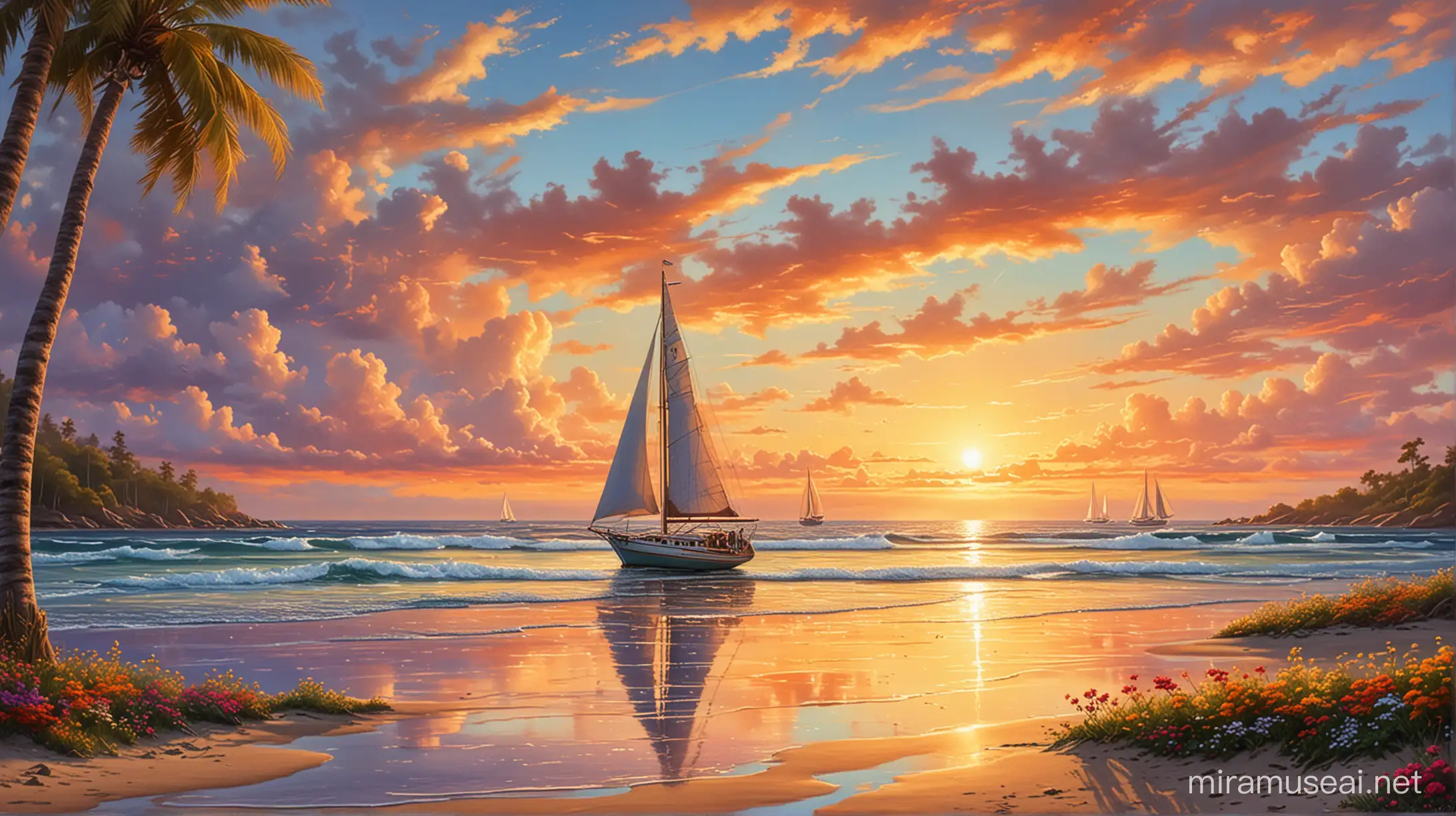 Vibrant Sunset Sailboat Scene Over Ocean Shoreline