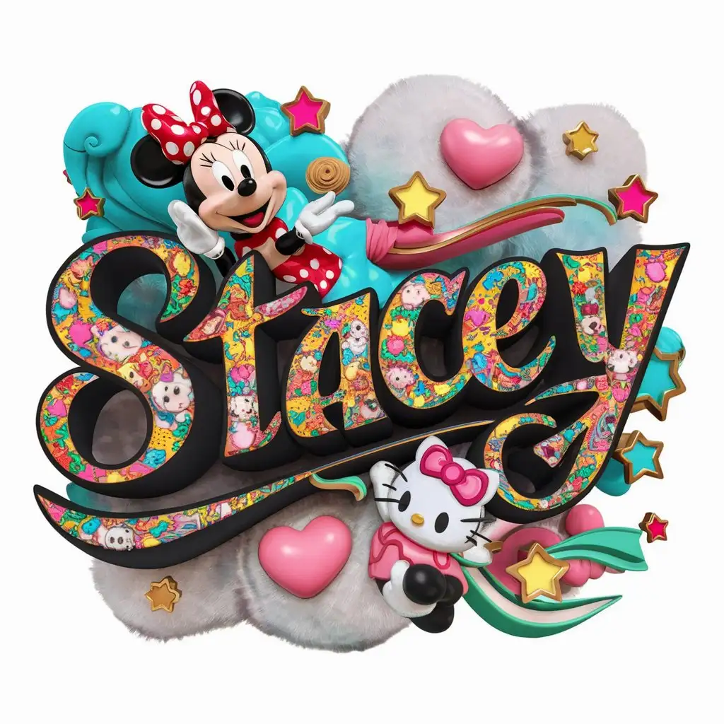 Vintage Tattoo Style vibrant and eye-catching 3D render of the name "Stacey" written in a cute, playful style. The letters are adorned with multicolor elements such as Minnie Mouse, princess hearts, fluffy clouds, and stars. The style is reminiscent of neon hello kitty anime aesthetics, and the overall composition has a lively and energetic feel., vibrant, 3d render, photo, anime
