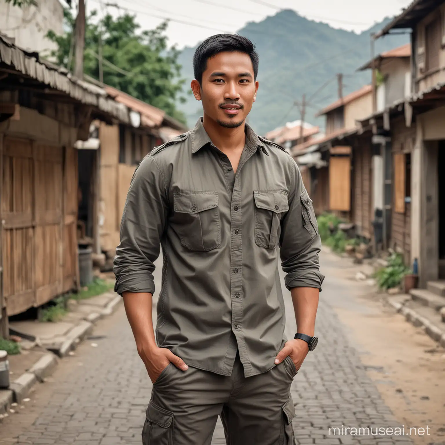A handsome Indonesian man with a slightly chubby face, short black hair, and a thin beard, wearing a dark gray tactical shirt and brown tactical cargo pants, is standing smilingly in a cool village street. Background of a village. The picture looks very realistic and super detailed with a blurred background.