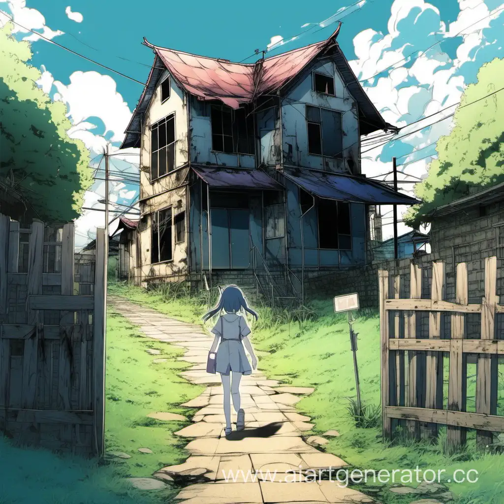 Girl-Walking-to-Dilapidated-Anime-House