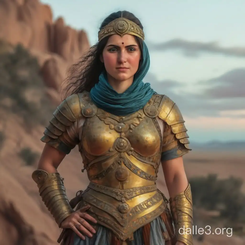 Muslim warrior queen, scarf wearing,  in warrior pose, aged 30, buxom,  wearing Revealing armour, in an abbassid caliphate style