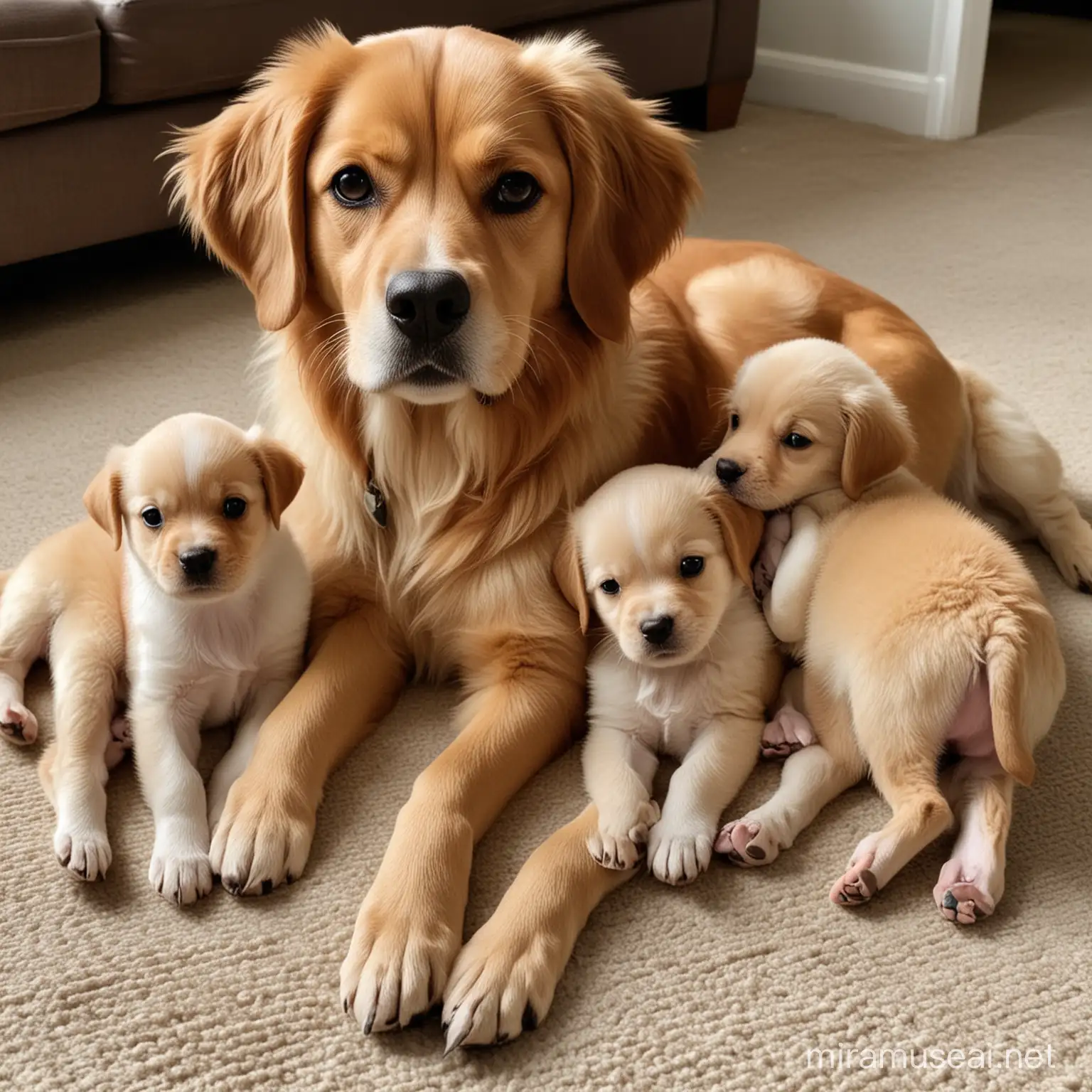 A realistic picture of a dog with puppies, let it be cute
