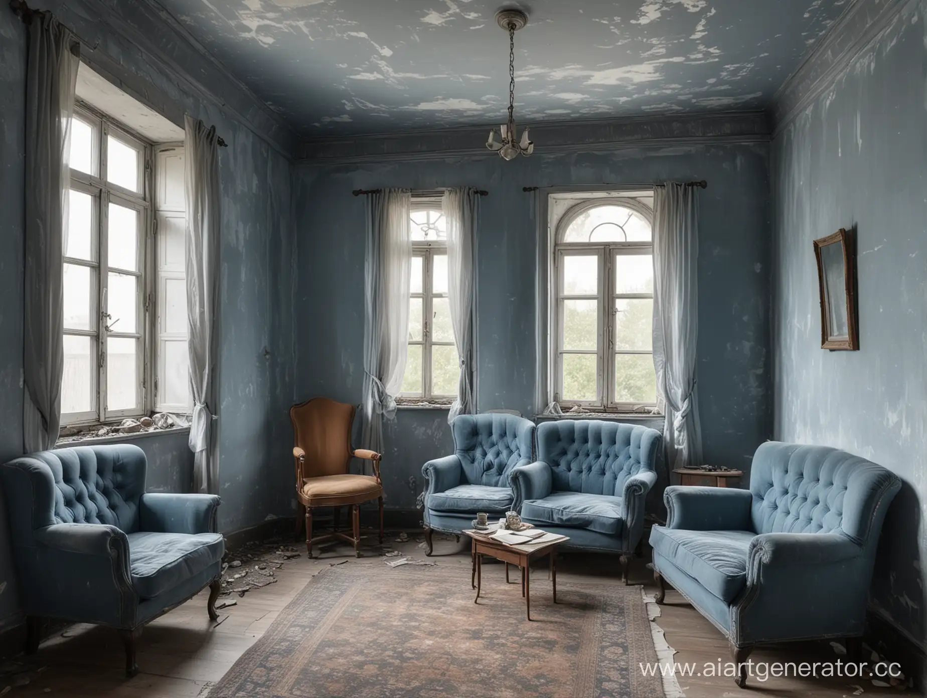 Старая и дряхлая Комната со стенами, окрашенными в серо-голубой цвет, в ней четыре стула, одно кресло, стол, на котором лежит книга, в комнате есть окна, на подоконнике трубка для курения, есть диван,