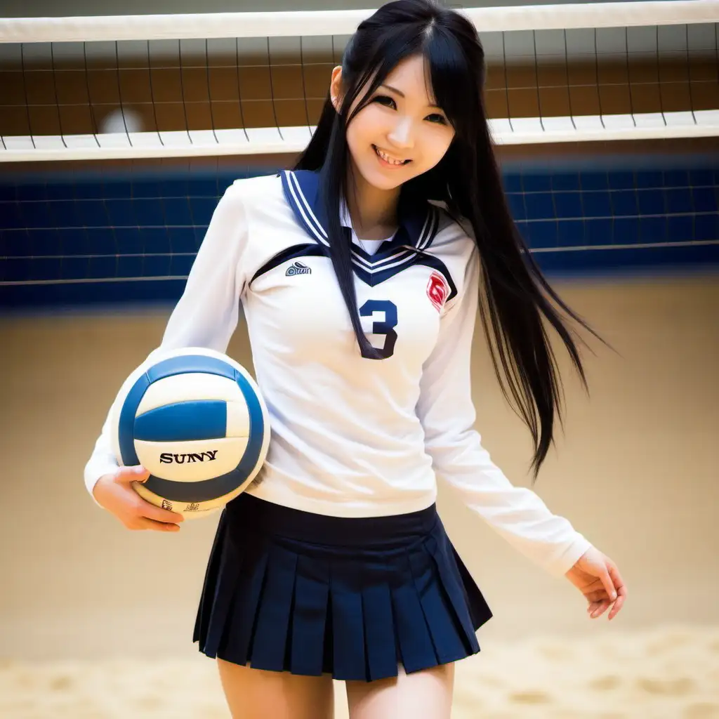 A beautiful, petite, slender, seductive, sultry Japanese 18 year old girl, 32DD breasts, long black hair, schoolgirl, sunny, volleyball, cleavage, smile