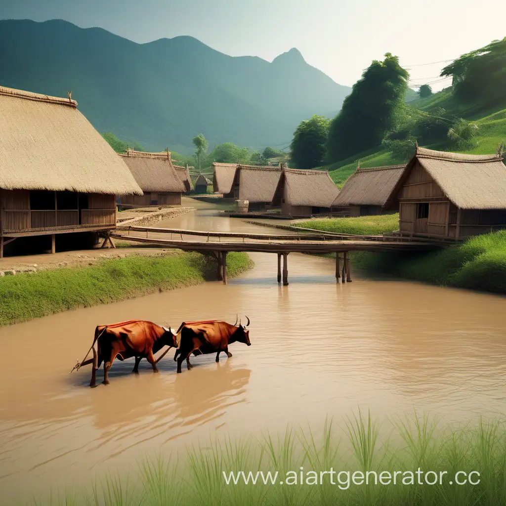Rural-Scene-Oxen-Cart-Crossing-Mountain-River-near-Clay-Houses