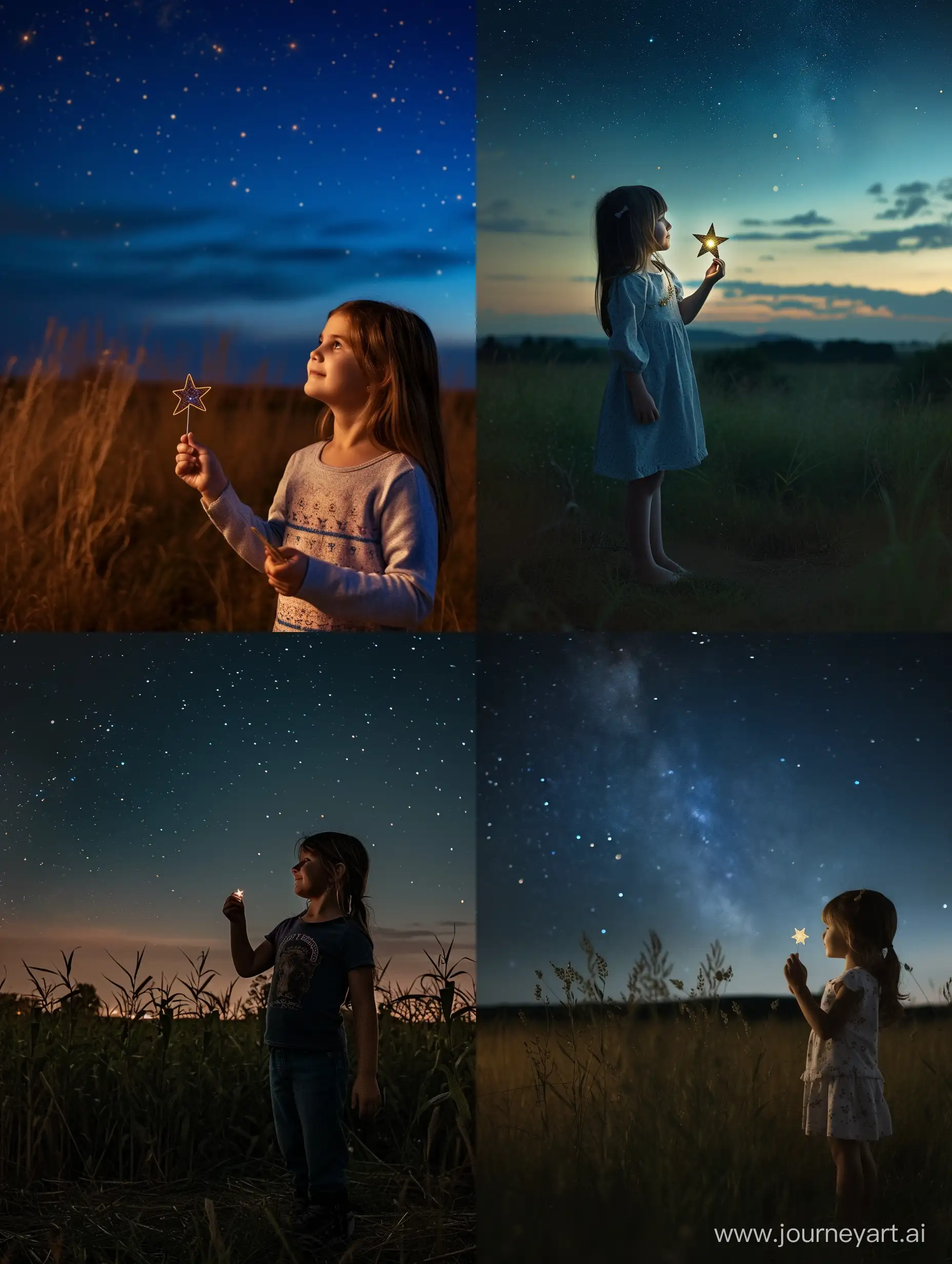A young girl stands in a field at night holding a star in her hand and looking at the starry sky smiling slightly