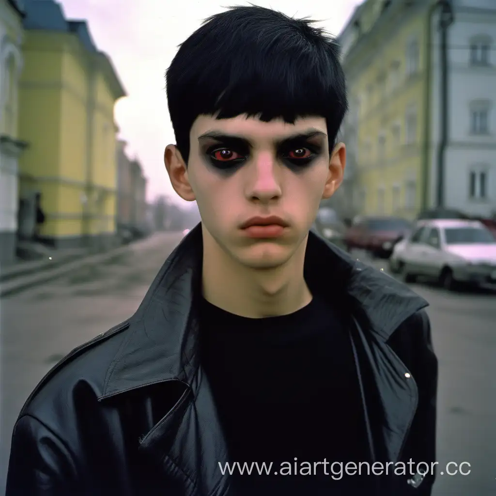 Парень вампир, подросток, красные глаза, чёрные волосы, короткая стрижка, 1990-е годы в России