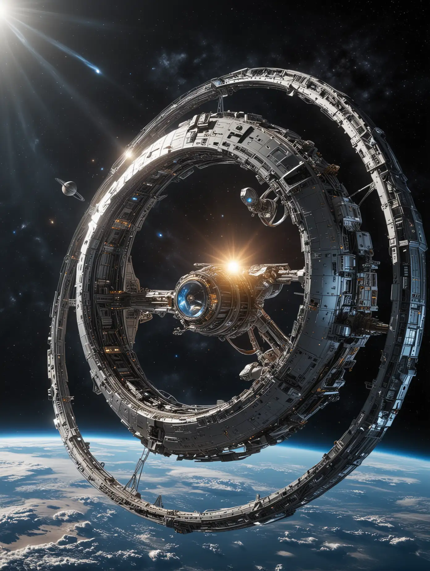 "Create an image of a futuristic spacecraft that represents an alliance between organic and synthetic intelligence. The ship is composed of a sleek, cylindrical central hub that symbolizes advanced human engineering. This hub is connected to a larger circular frame by eight robust fairings, resembling the spokes of a wheel. The circular frame is actually a massive torus ring, which encircles the central hub like a metallic halo. The ring and the hub are equipped with various technological details that hint at a fusion of AI and human design philosophies: smooth surfaces, intricate paneling, and glowing lights. The spacecraft is set against a backdrop of space, suggesting that it's on the edge of a distant solar system. This ship is ready to engage in a momentous event, a meeting or a standoff in the void of space, a crucial moment that will determine the fate of its coalition. The image should capture the grandeur and the potential of this cosmic rendezvous."