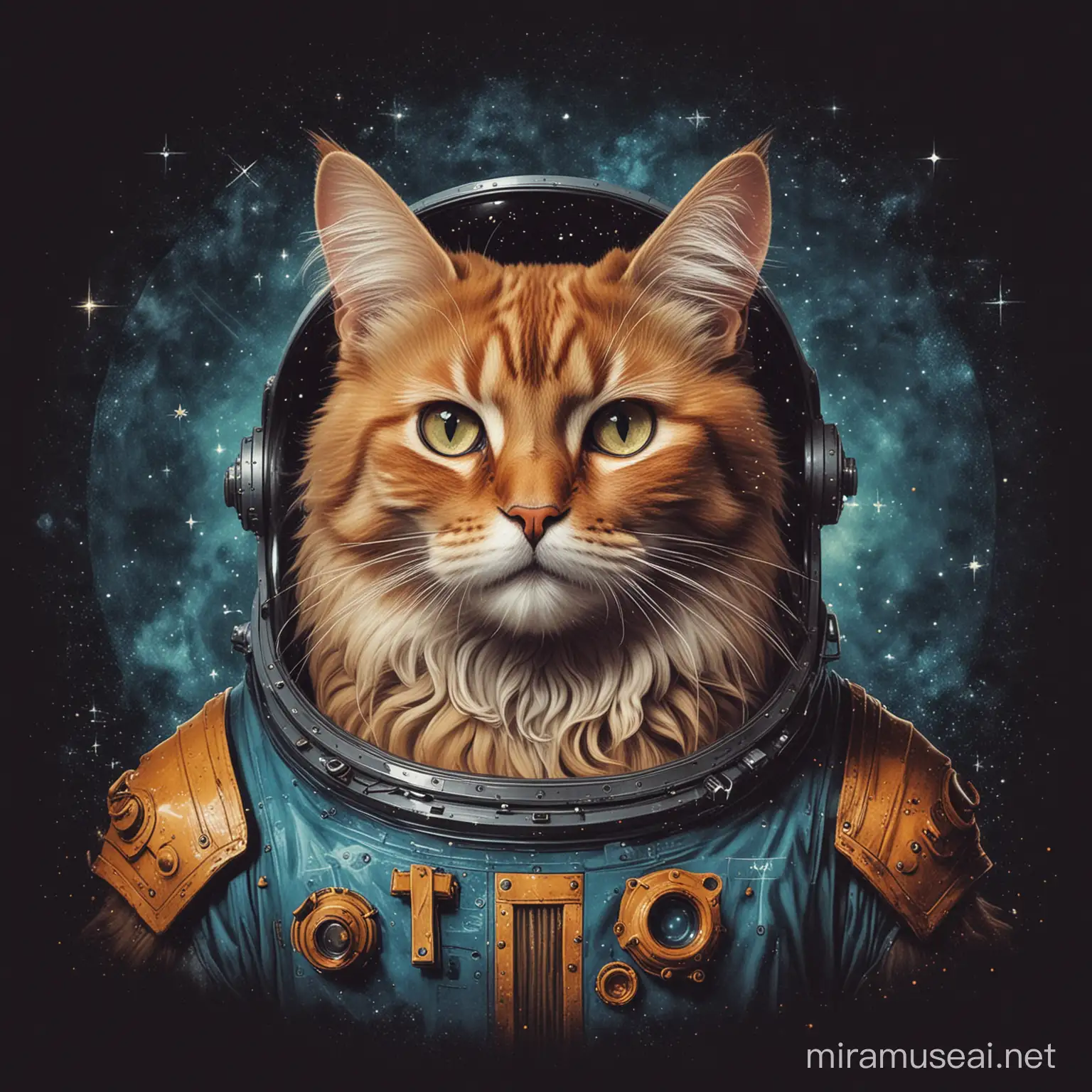 Space Cat in Leonardo da Vinci Style Simple Color