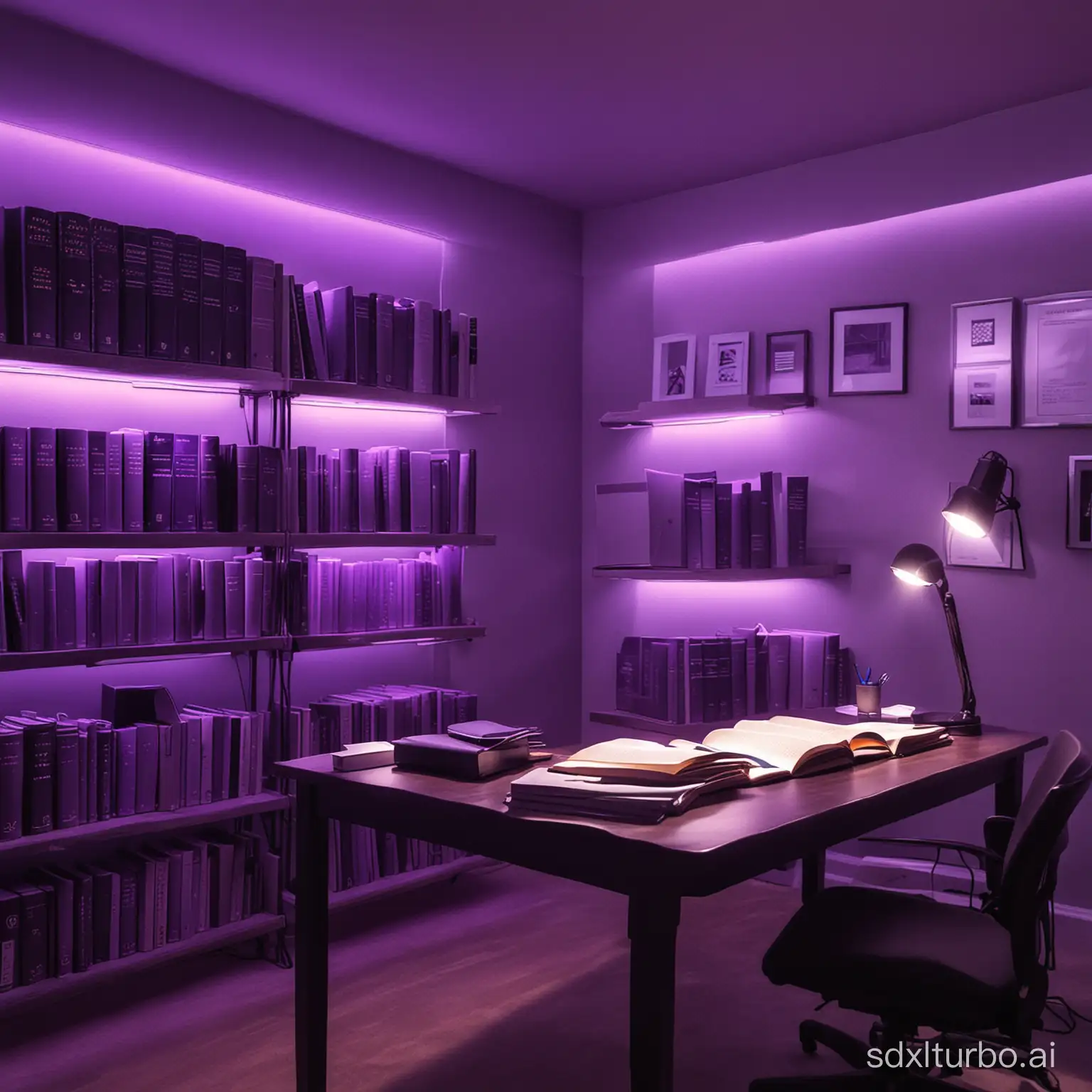 create an office backgroud with books and cool purple lighting