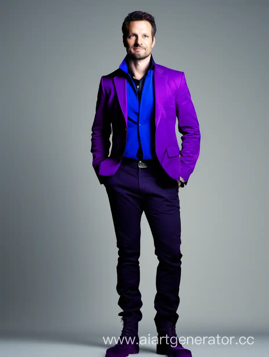Рекламодатель, 36 лет, в чёрной рубашке с фиолетово-синим пиджаком наверх и такого же цвета штанами с ботинками