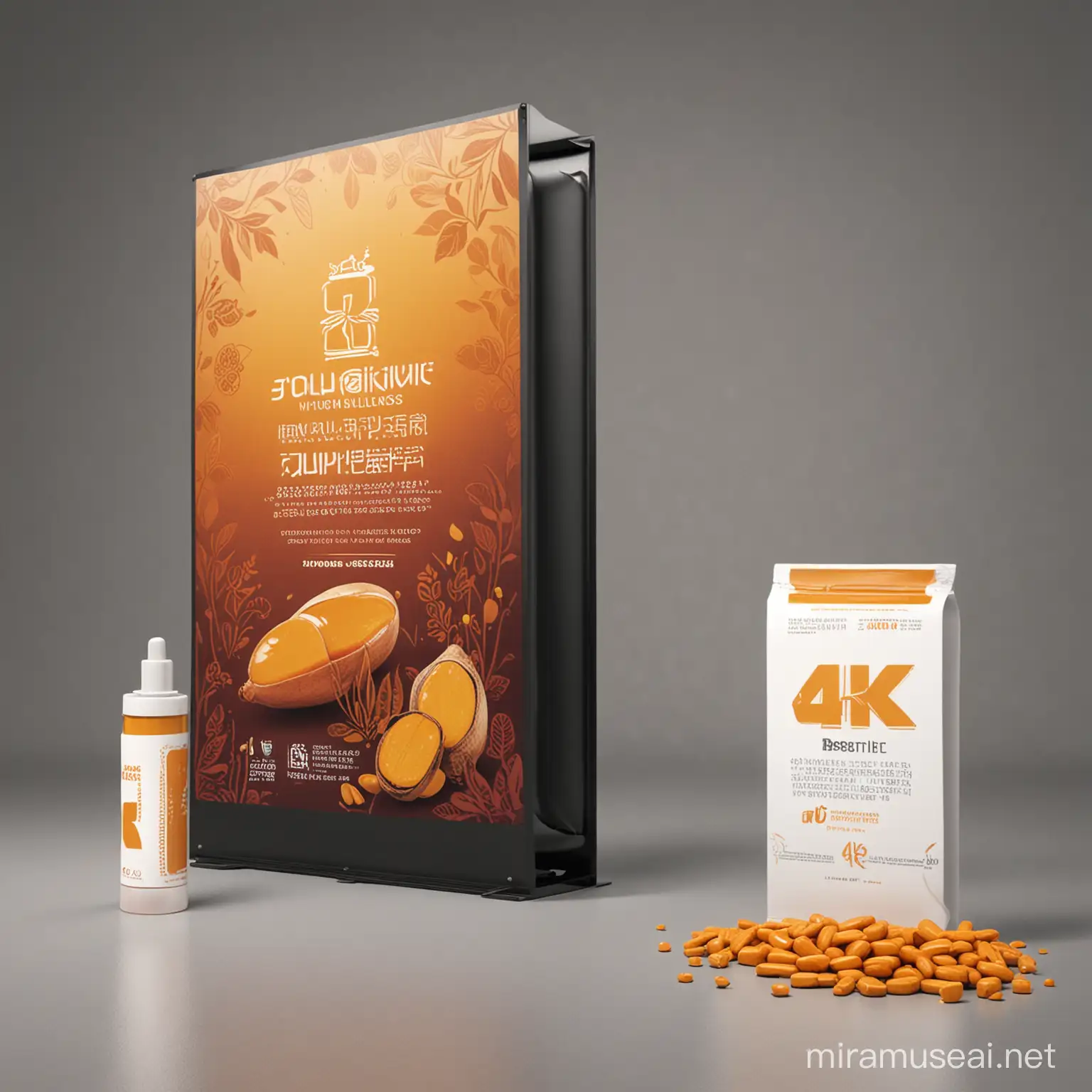 generate ulustratethe 4k hight quality 1024 x1024 pixler trademark Radiant Turmeric Wellness the capsule presentation to the display and  tradeshow with poster health care benefit