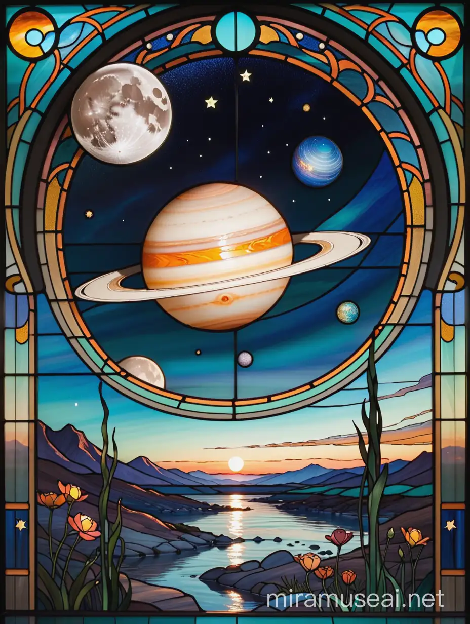 витраж космос: сатурн, луна , венера" и комета в стиле ар нуво из цветного стекла тиффани