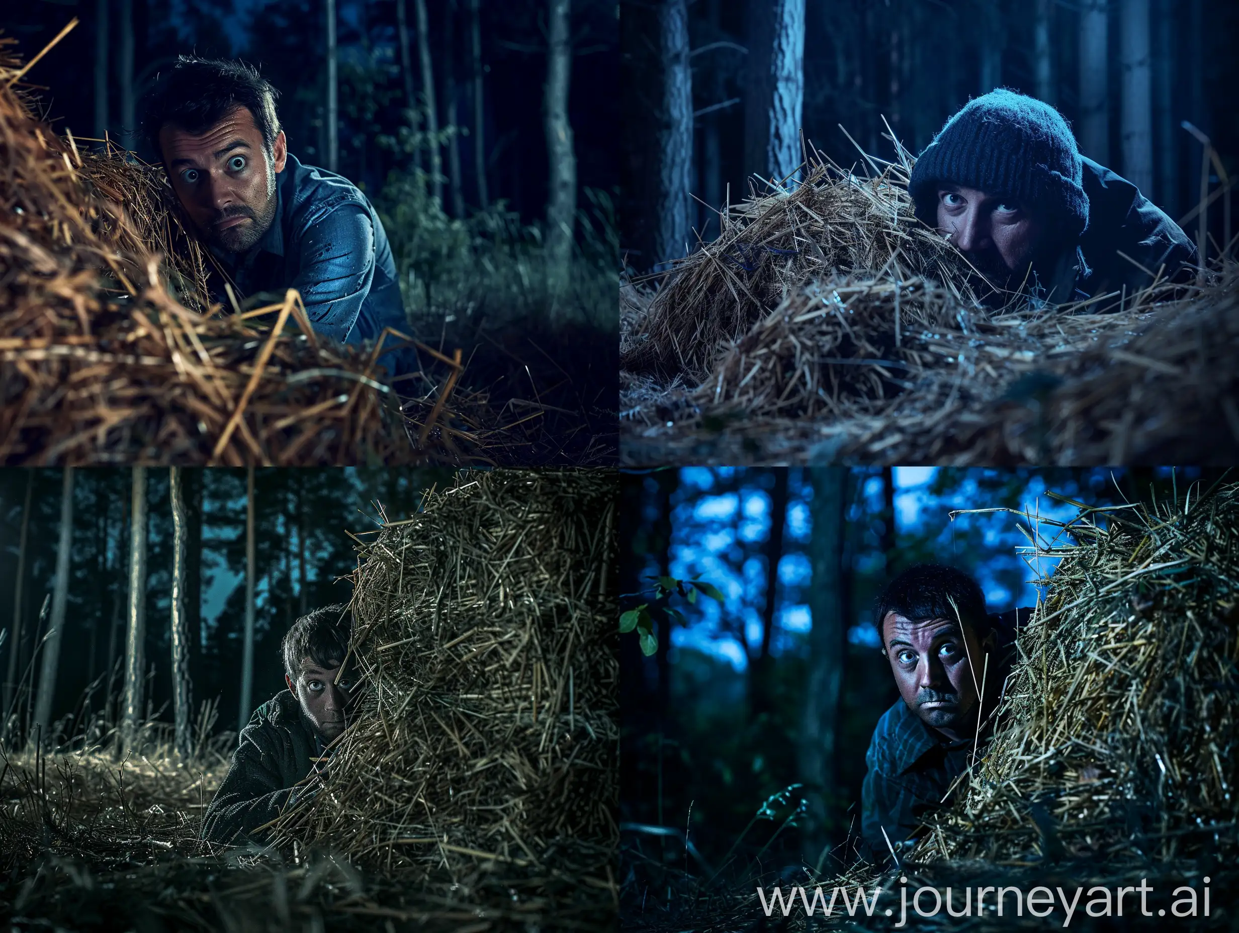 Мужчина сельской внешности в лесу ночью прячется за стогом сена 