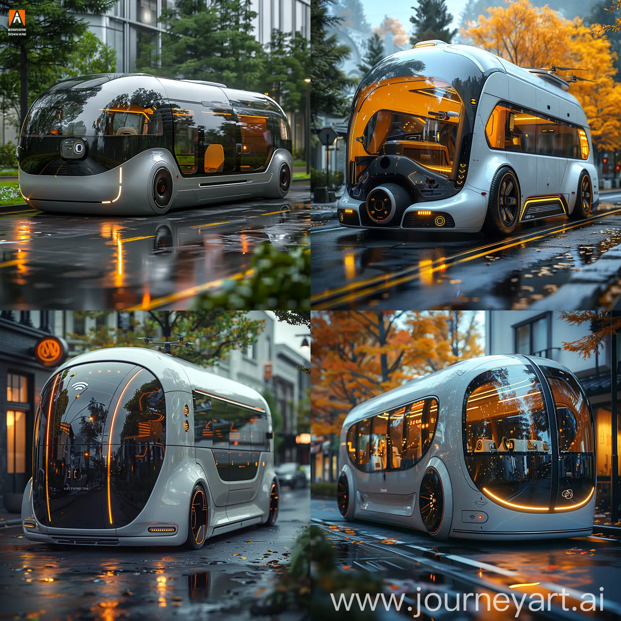 Futuristic microbus, Self-Driving, Clean Energy Source, Modular Design, AI Assistant, Personalization, Smart Materials, Transformation Modes, Drone Delivery, Interconnectivity, octane render --stylize 1000