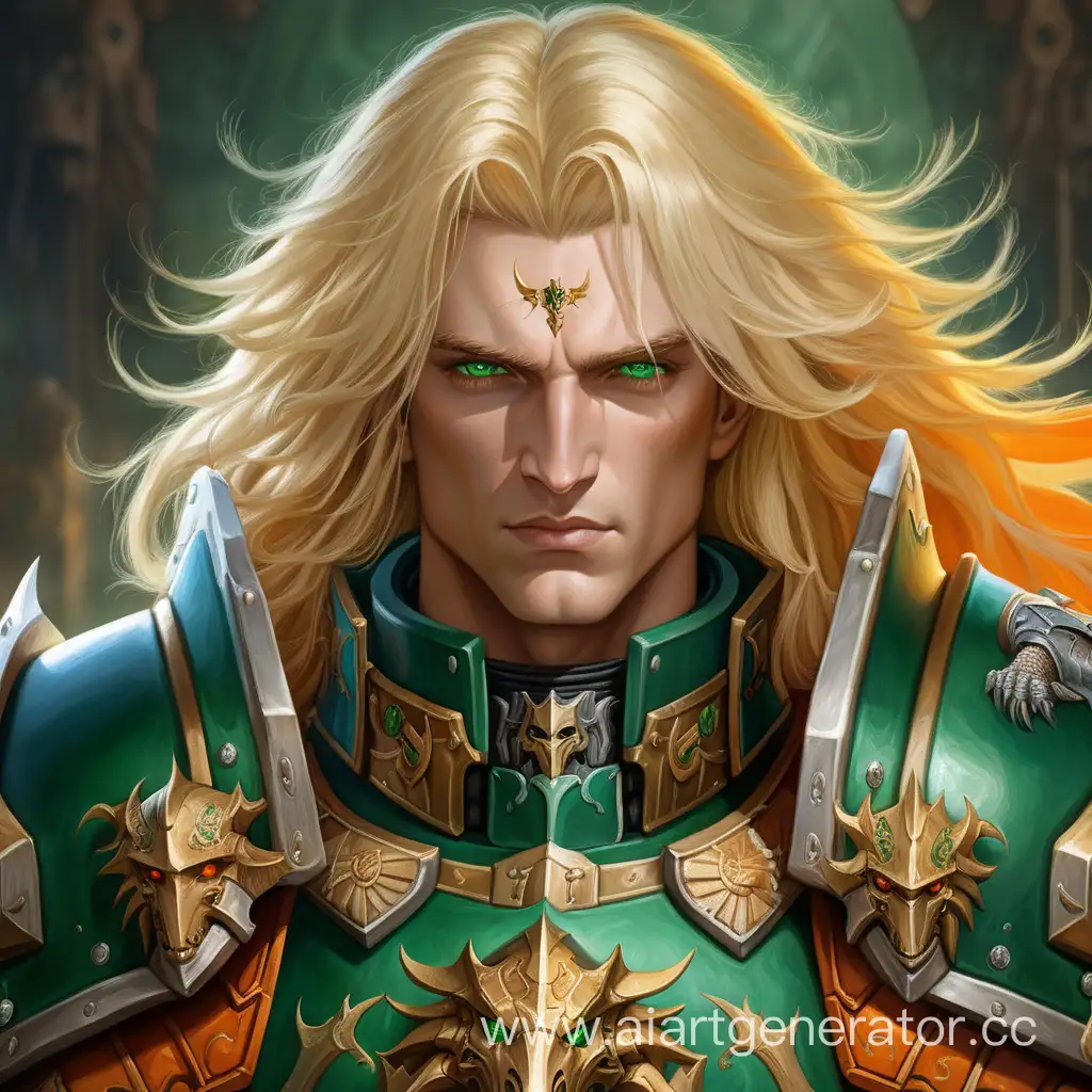 Blond-Primarch-Knight-in-Emerald-Armor-with-Warhammer-40000-Portrait