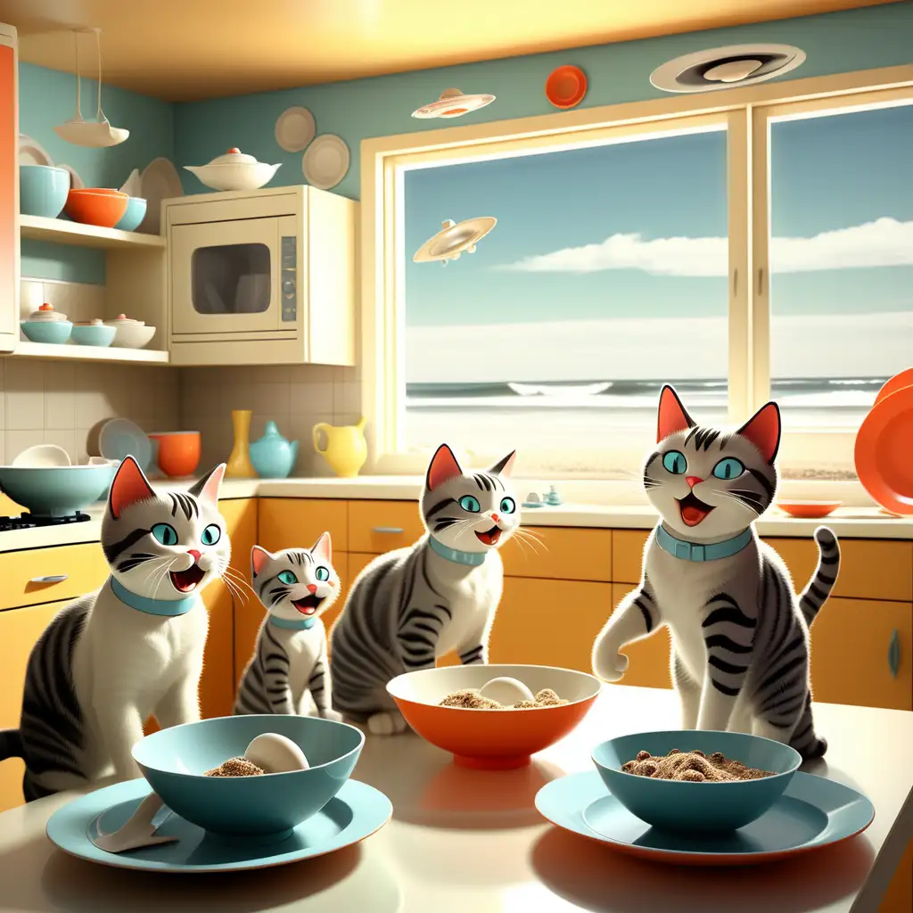 Playful Space Age Cats in a Retro Beach Kitchen Scene