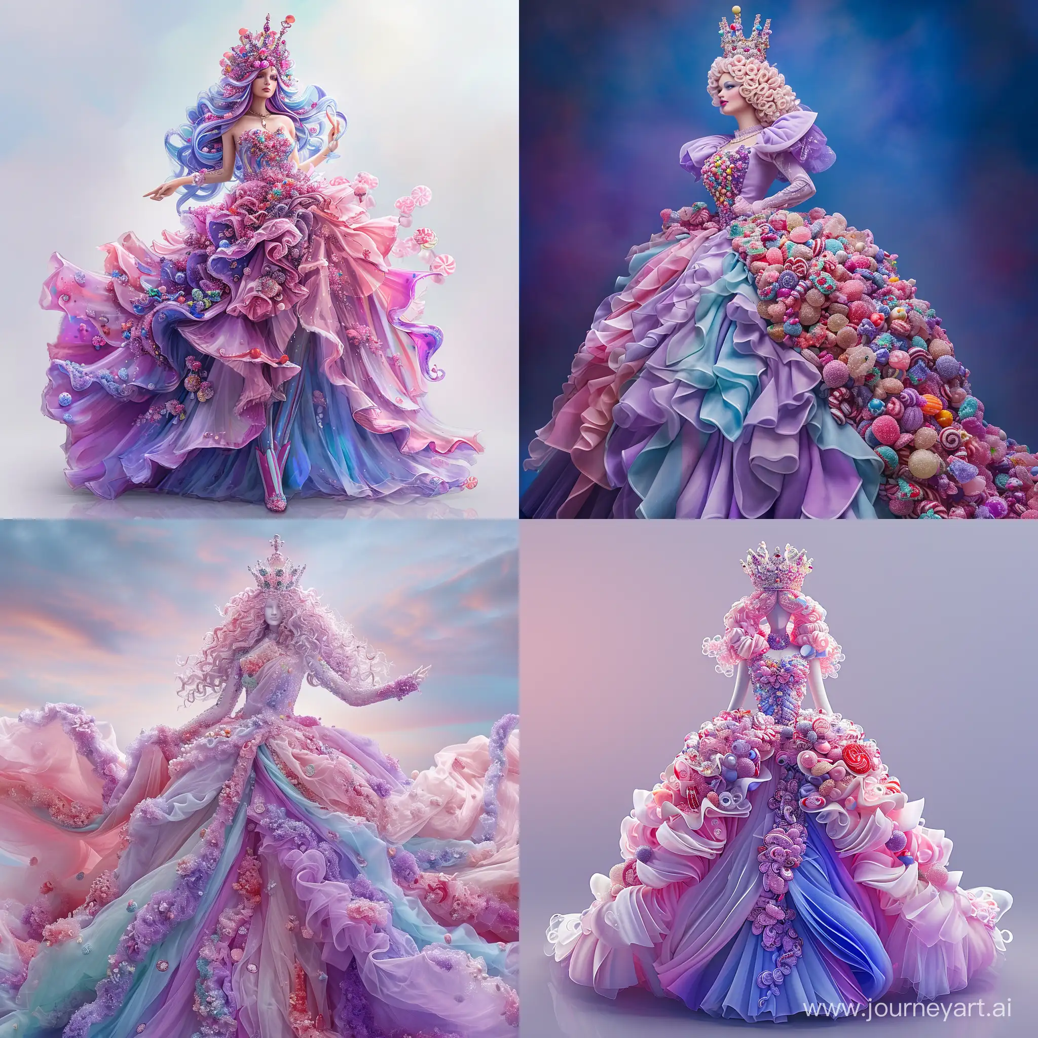 candy queen, candy country. Sweet shades of pink, purple and blue Queen radiate an irresistible sweetness, the elegance of a queen, from an exquisitely decorated crown to a flowing dress filled with candy, exudes a sense of impeccable craftsmanship
