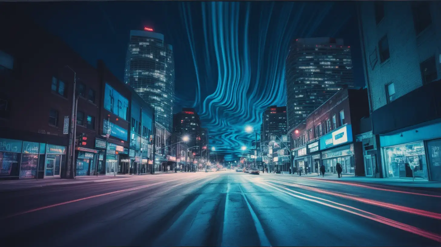 Toronto's street veiw at night, Mike Wazowski, Tosca colours, long exposure, blue chromatic waves behind, emotive potraits, Analog video effect --v 5.6