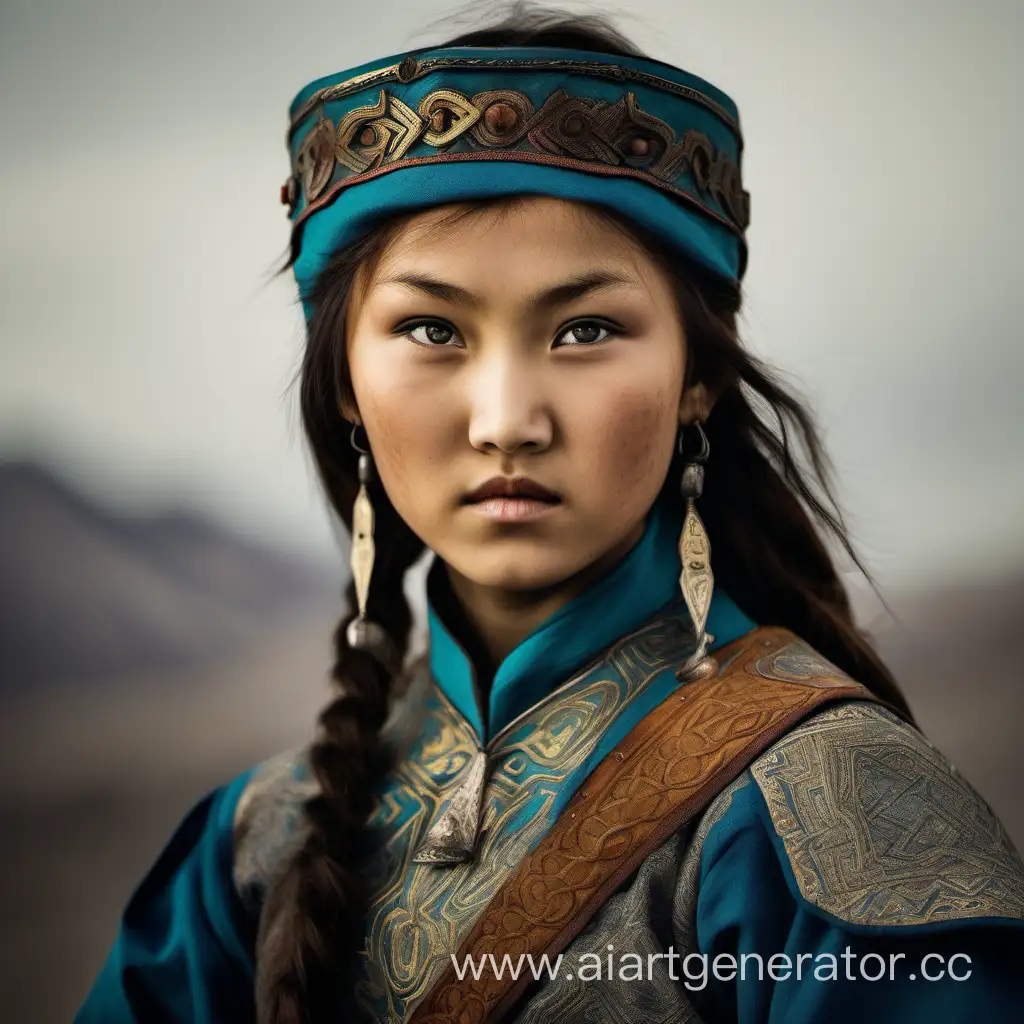 A kazakh girl from 18th century with conventionally beautiful face, confident look in the eyes, wise, brave and ready to fight