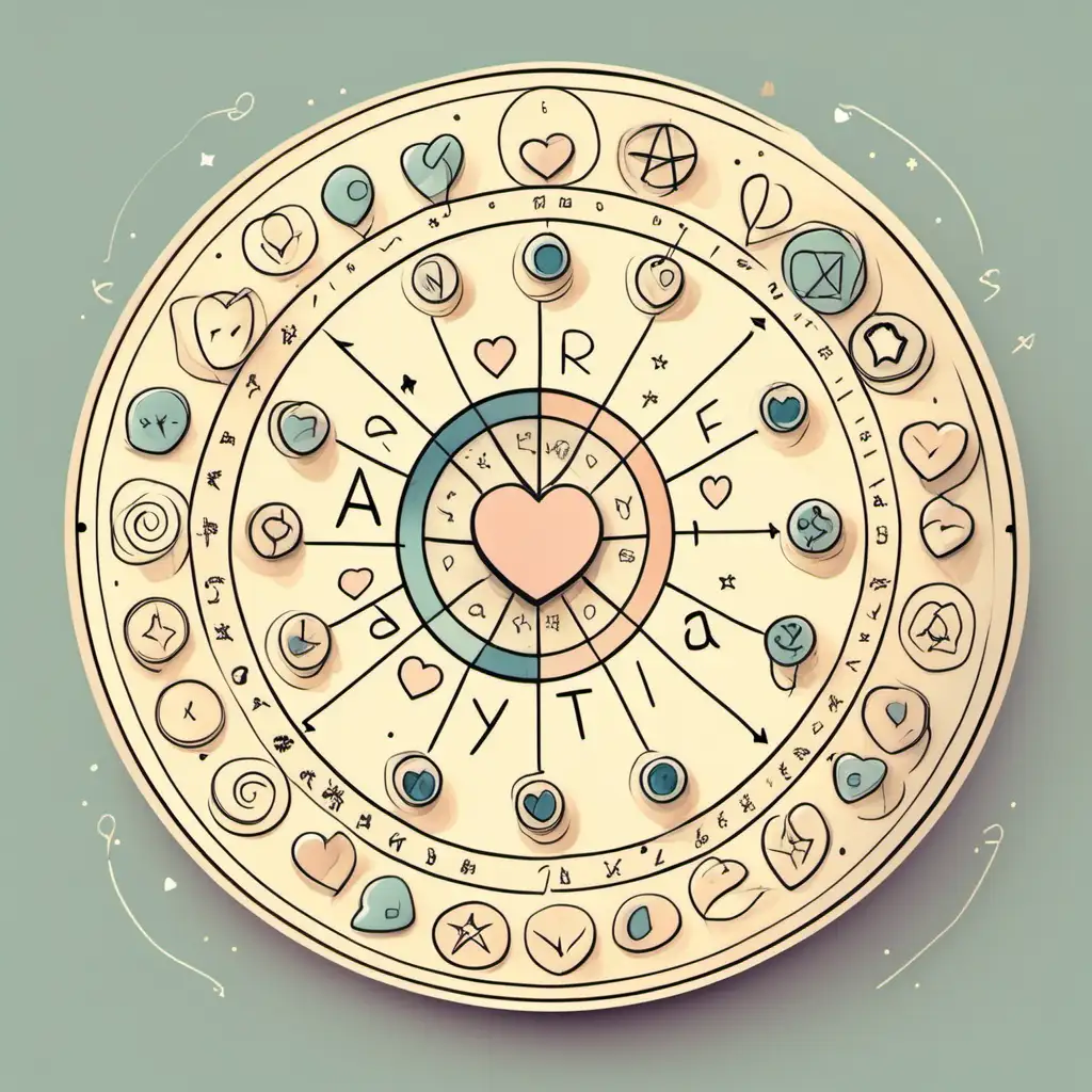 Draw an astrological wheel with letter icon and little heart shapes  , loose lines , Loose lines. Muted color, ADD A BANNER ON THE WHEEL