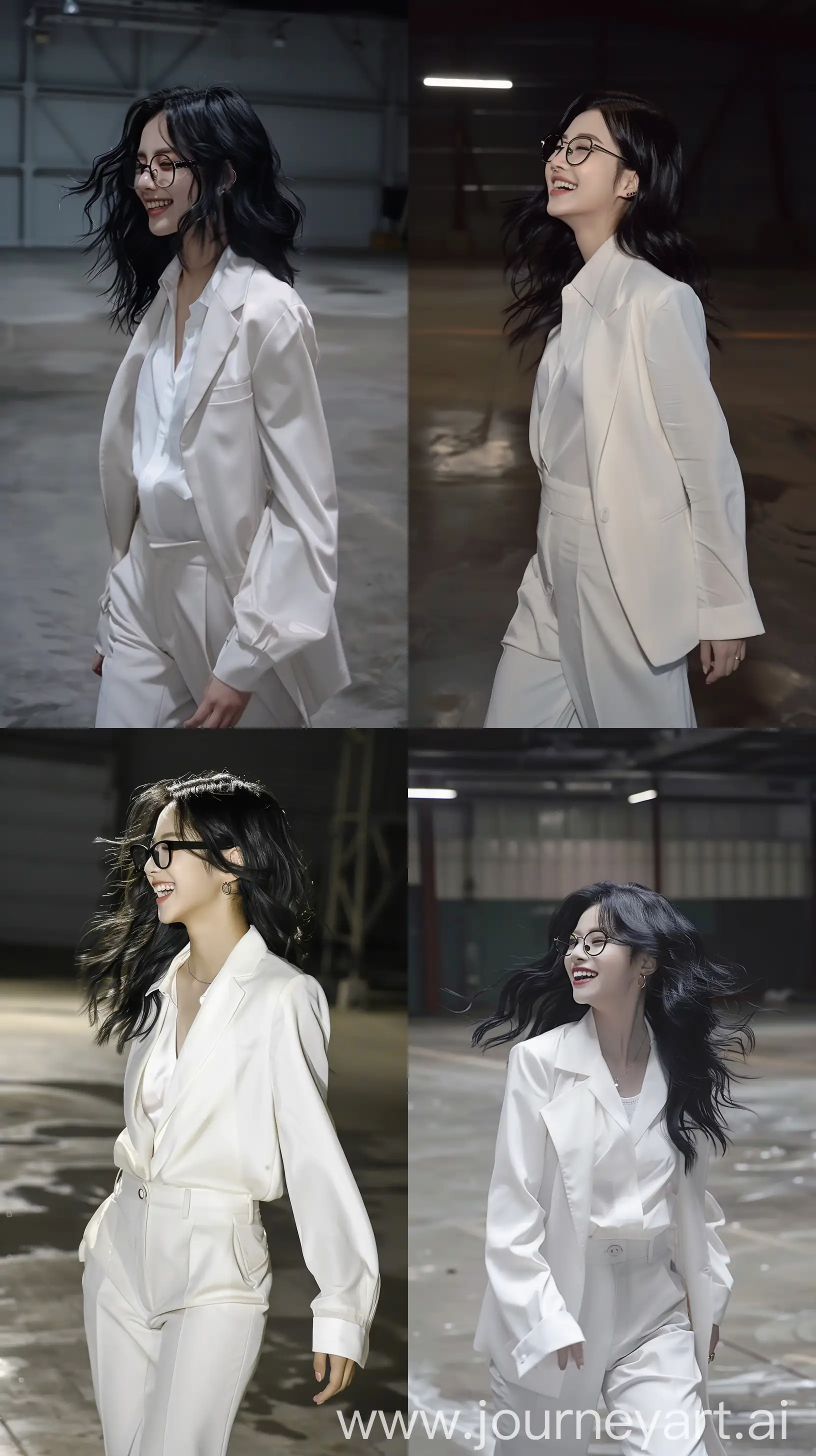 aestethic selfie, blackpink's jennie,black wolfcut hair, wavy, wearing white simple blouse and 
suit pants, walking on empty room night time, smile, profile , black frame glasses, throw face away --ar 9:16