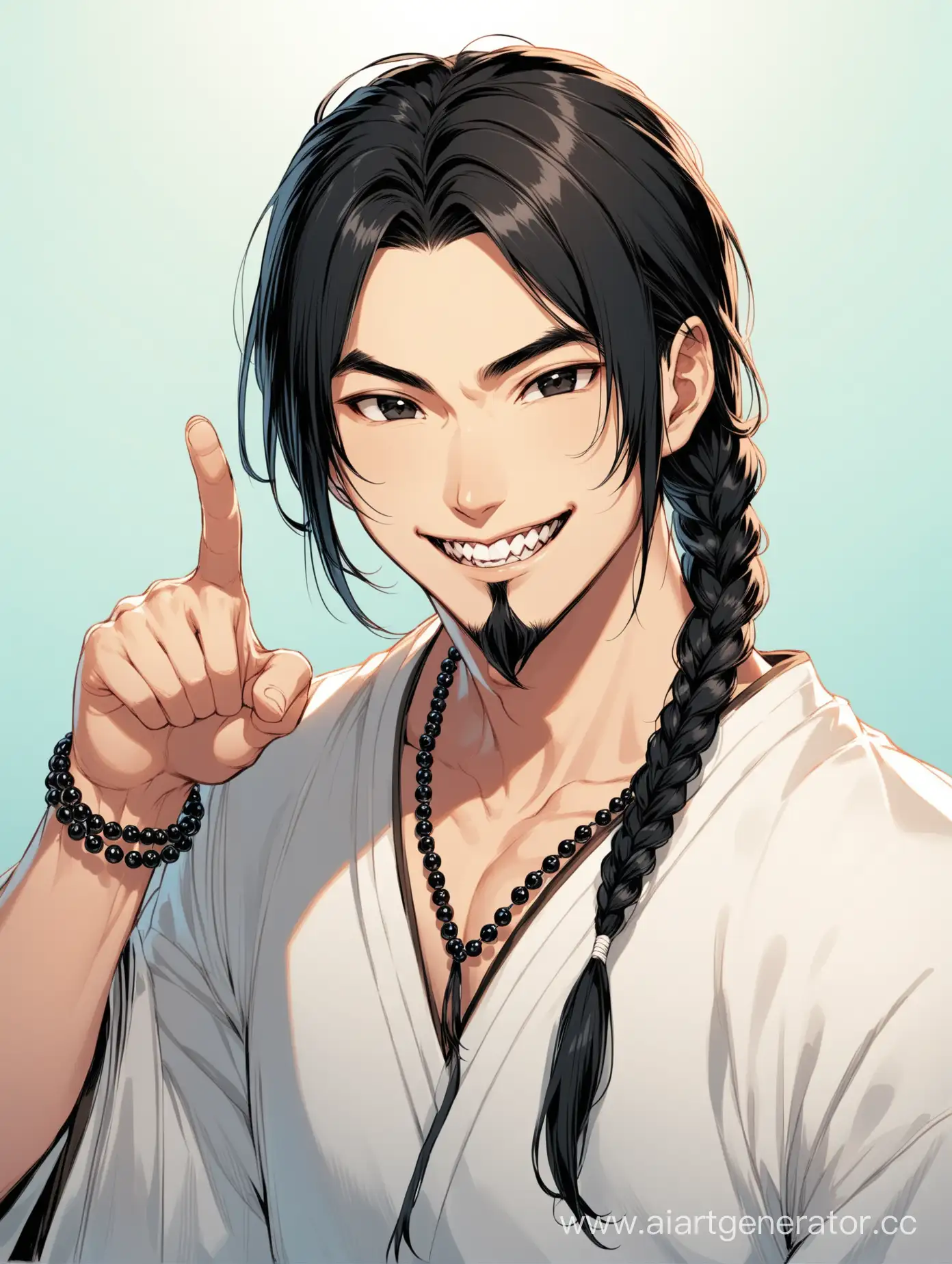 Guy, Asian, Yakut, black hair, black eyes, two long strands with beads in front of his hair, the main part is short, the braid is short from behind, the fangs are slightly crooked and turned forward, smiles and pulls the lip edge with his finger