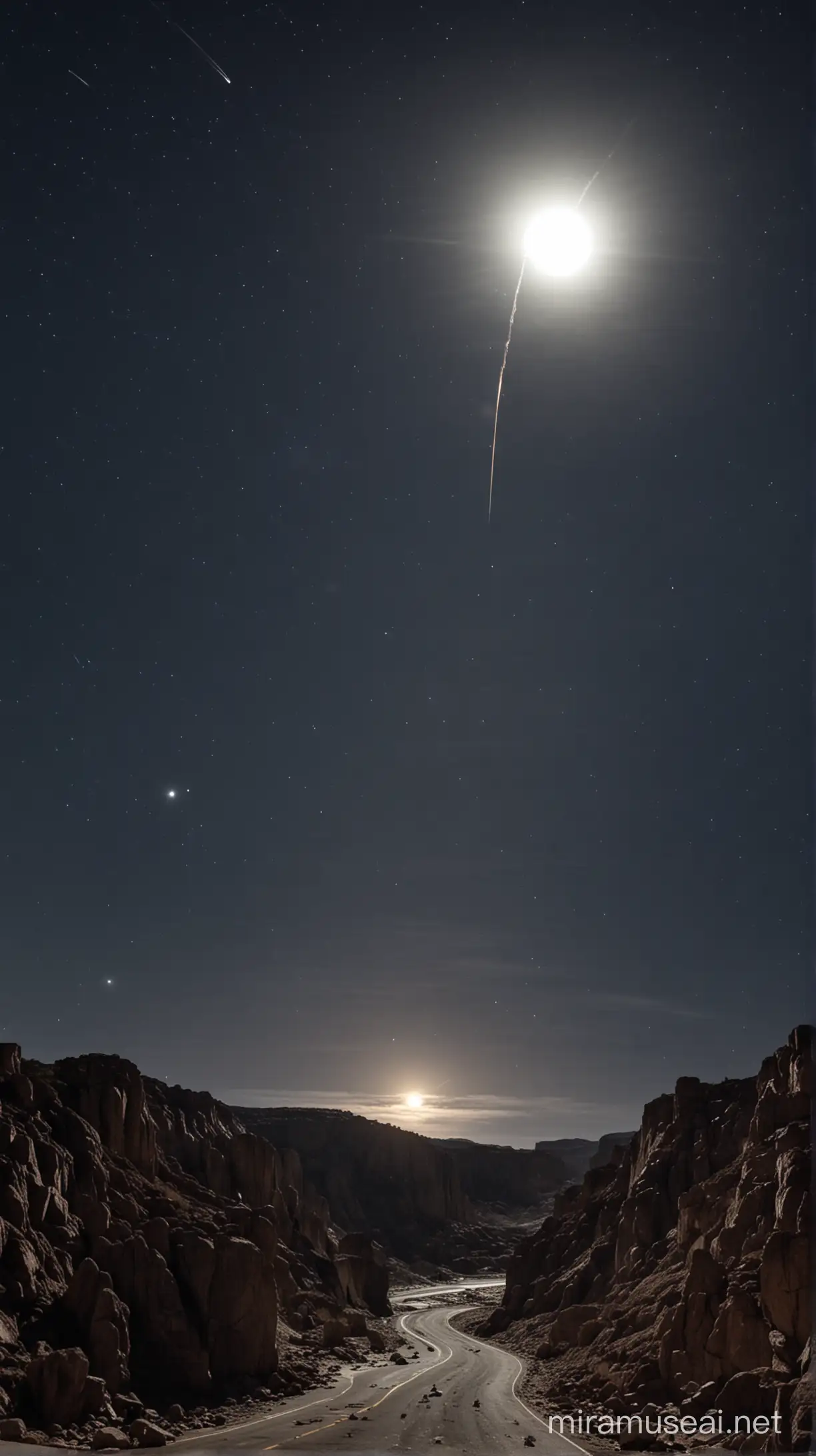 Meteor Passing Full Moon in Night Sky