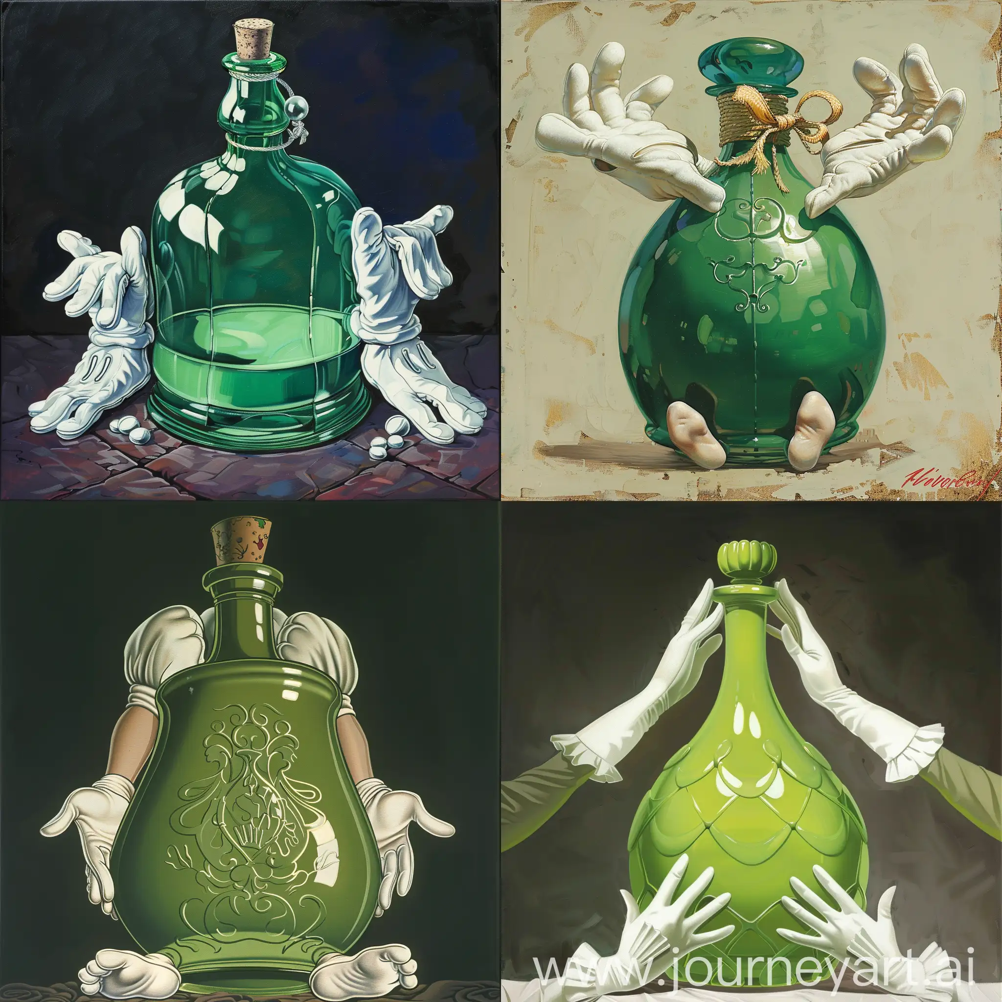 Привлекающая бутылка зелёная с руками в белых перчатках и ногами, Дисней арт