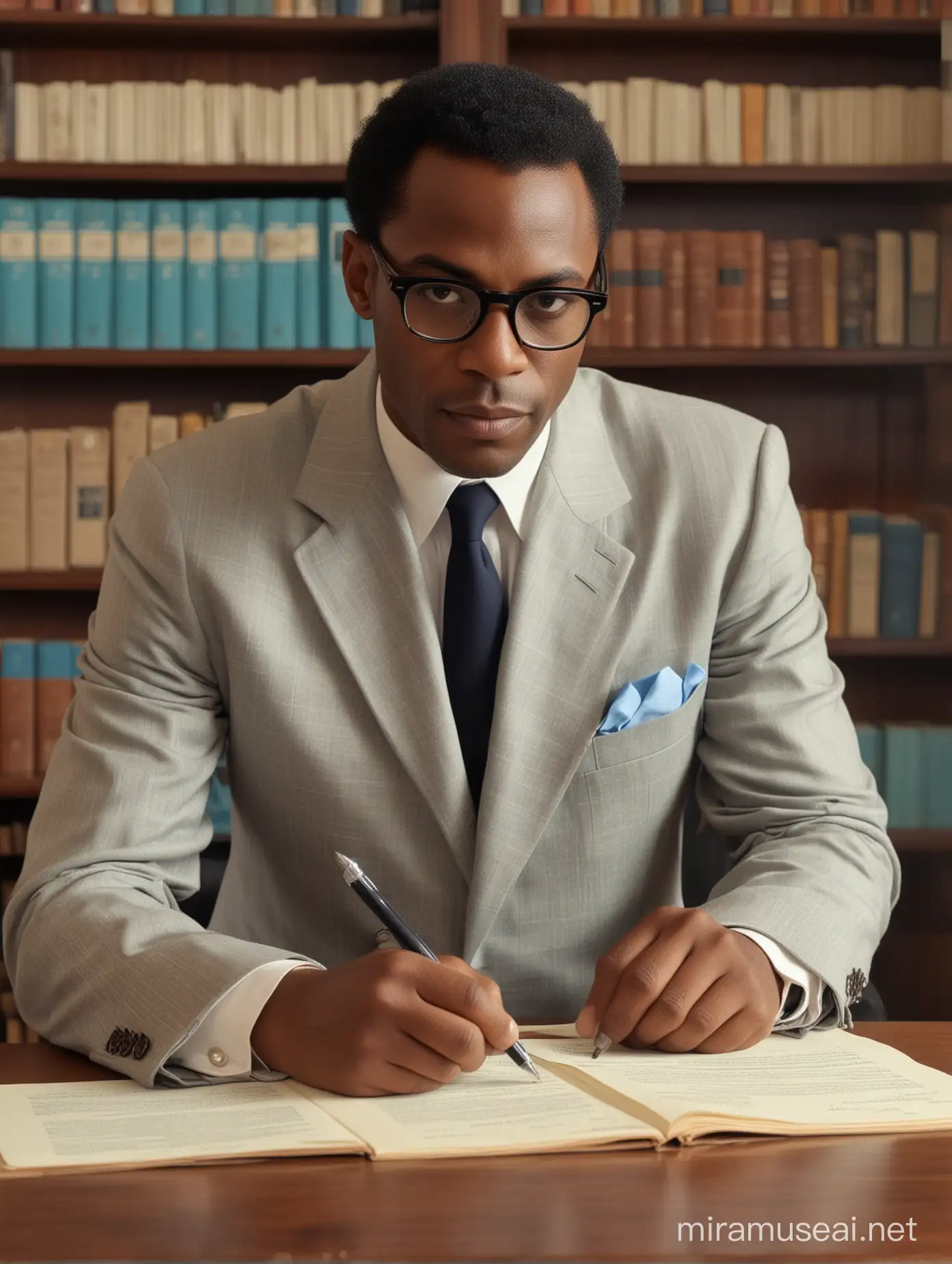 the 50 year old carribean man wearing glasses 1960s man wearing a man suit is writing a letter on  electronic  style laboratory. he is looking at the camera lens with a library in the background in the style of light brown and blue black, fashwave, candid celebrity shots, uhd image, body extensions, natural beauty --ar 69:128 --s 750 --v 5. 2