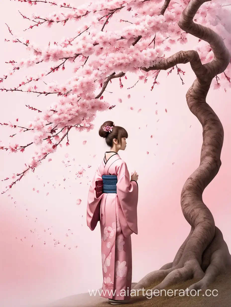 женщина зади которой стоит дерево сакура, в полный рост