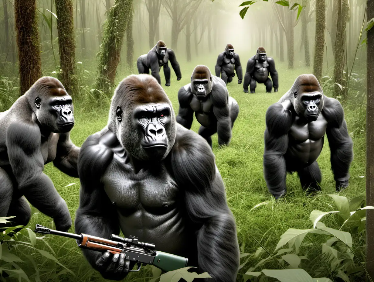gorillas shooting at tragets that look like poachers in a forest
