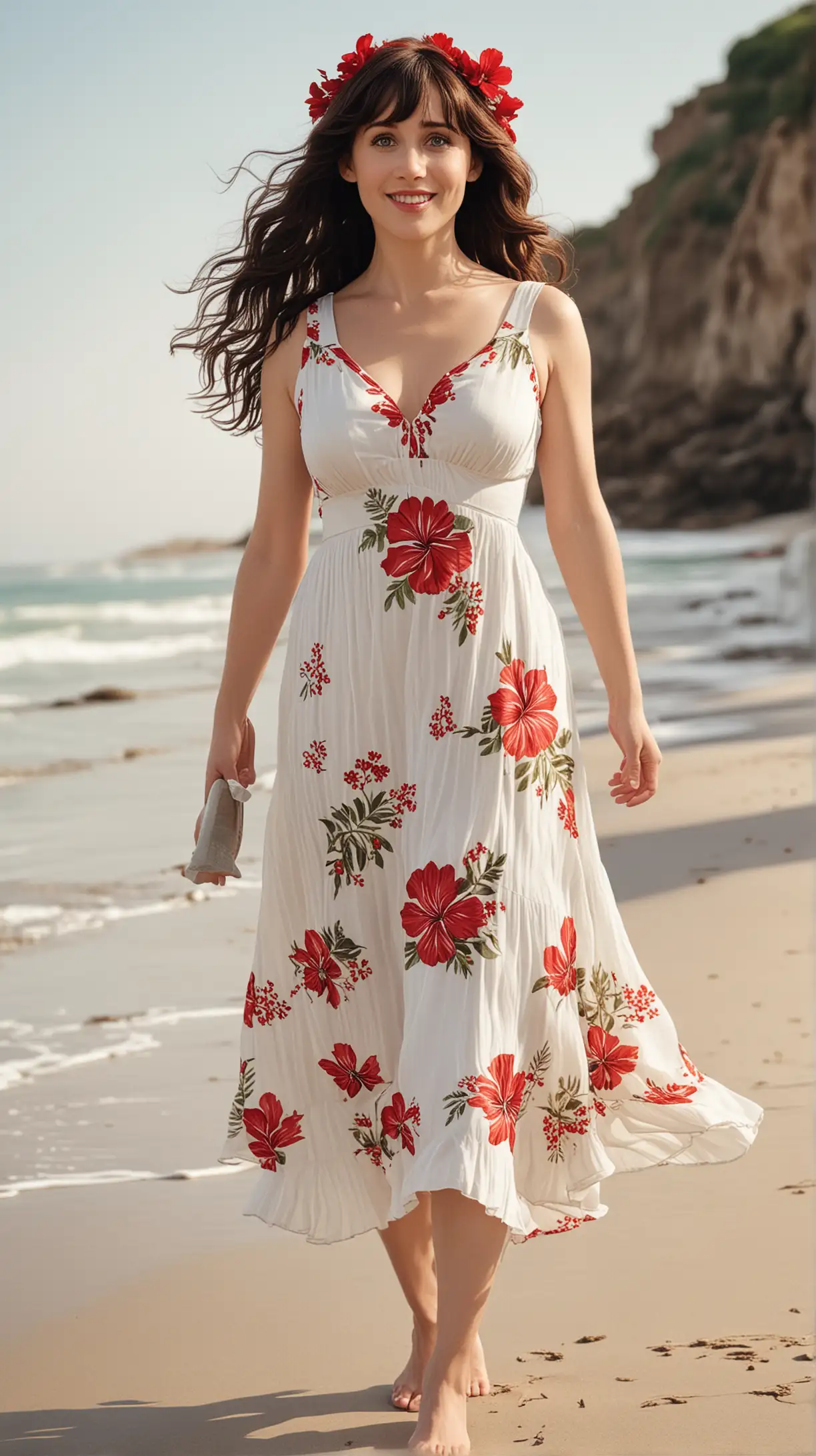 A slim realistic Zooey Deschanel cheveux bruns foncé regarde amoureusement sourire rafraîchissant wearing a 2 piece white tropical dress with a red flower in her long hair walking at the beach showing a full body shot from the top of his head to his feet