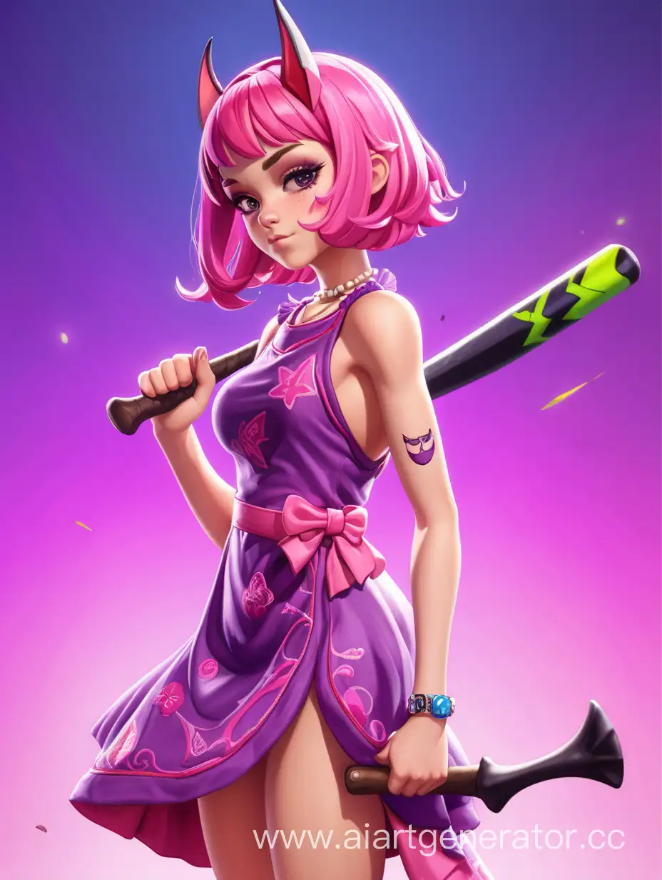 Новый персонаж для игры, женщина, розовые волосы, в платье, с битой на спине, яркий фон 