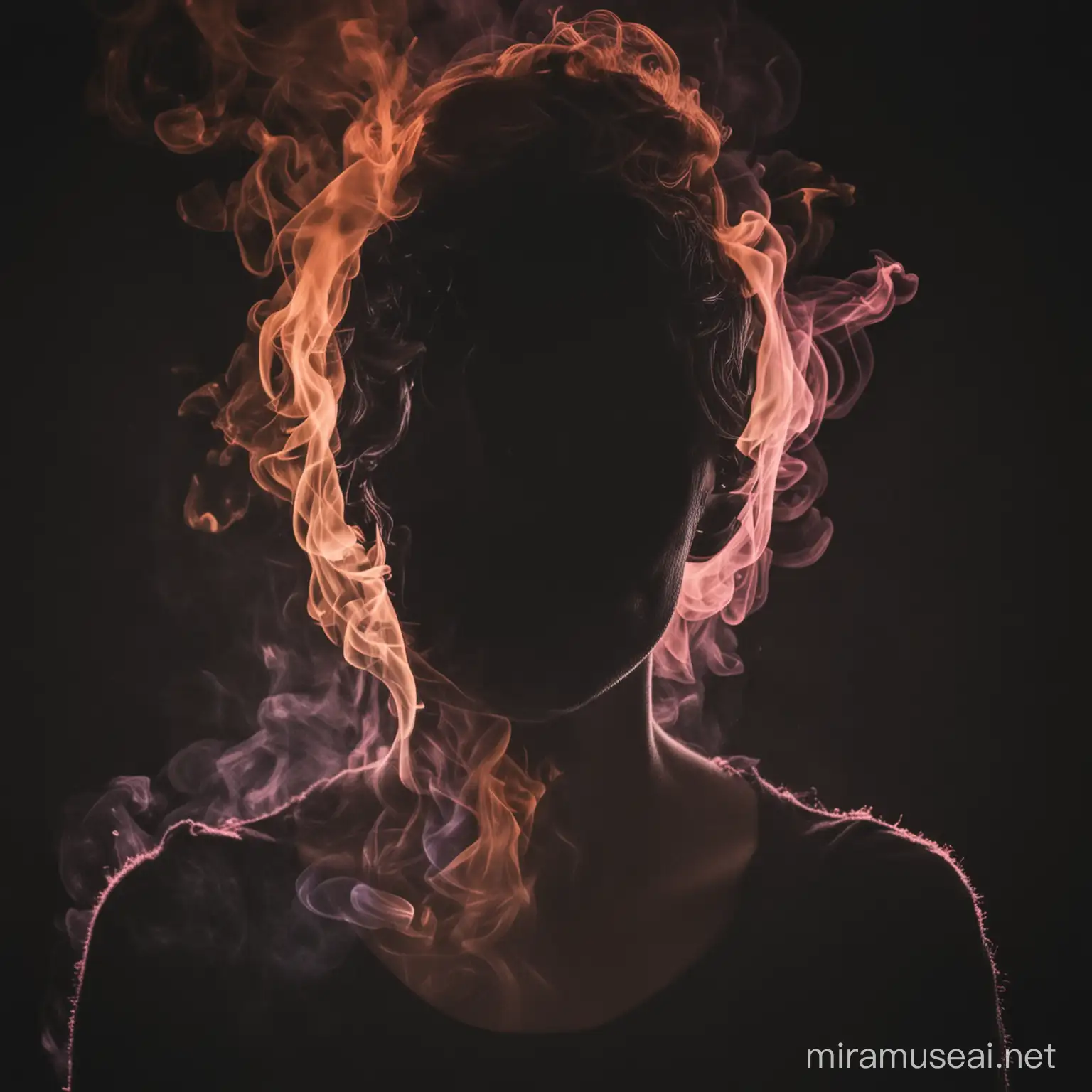 Burned Out and Tired Portrait with Colorful Smoke on Dark Noir Background