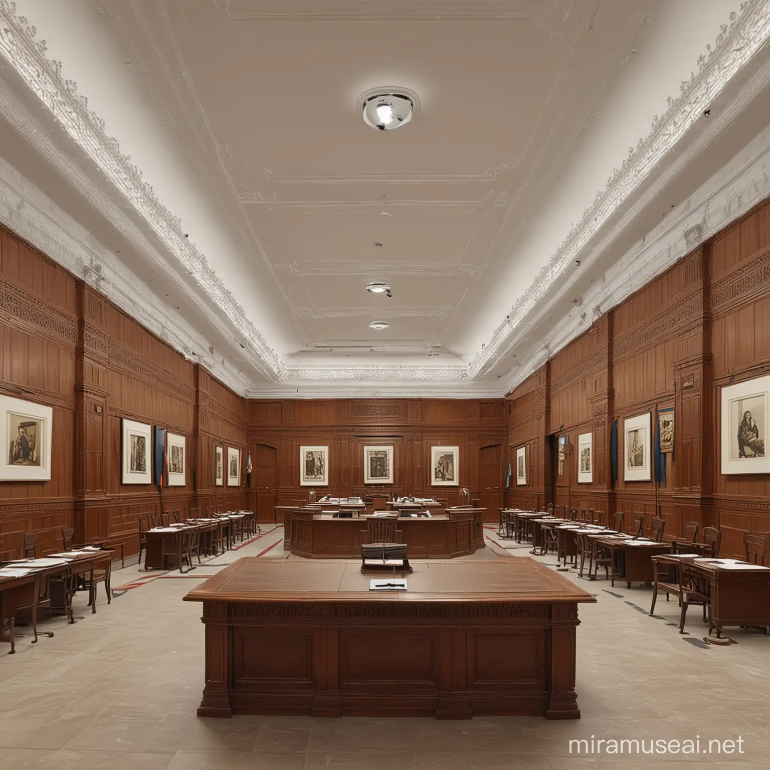 generate an ai image of courtrooms museum with the interior of Rajasthan 