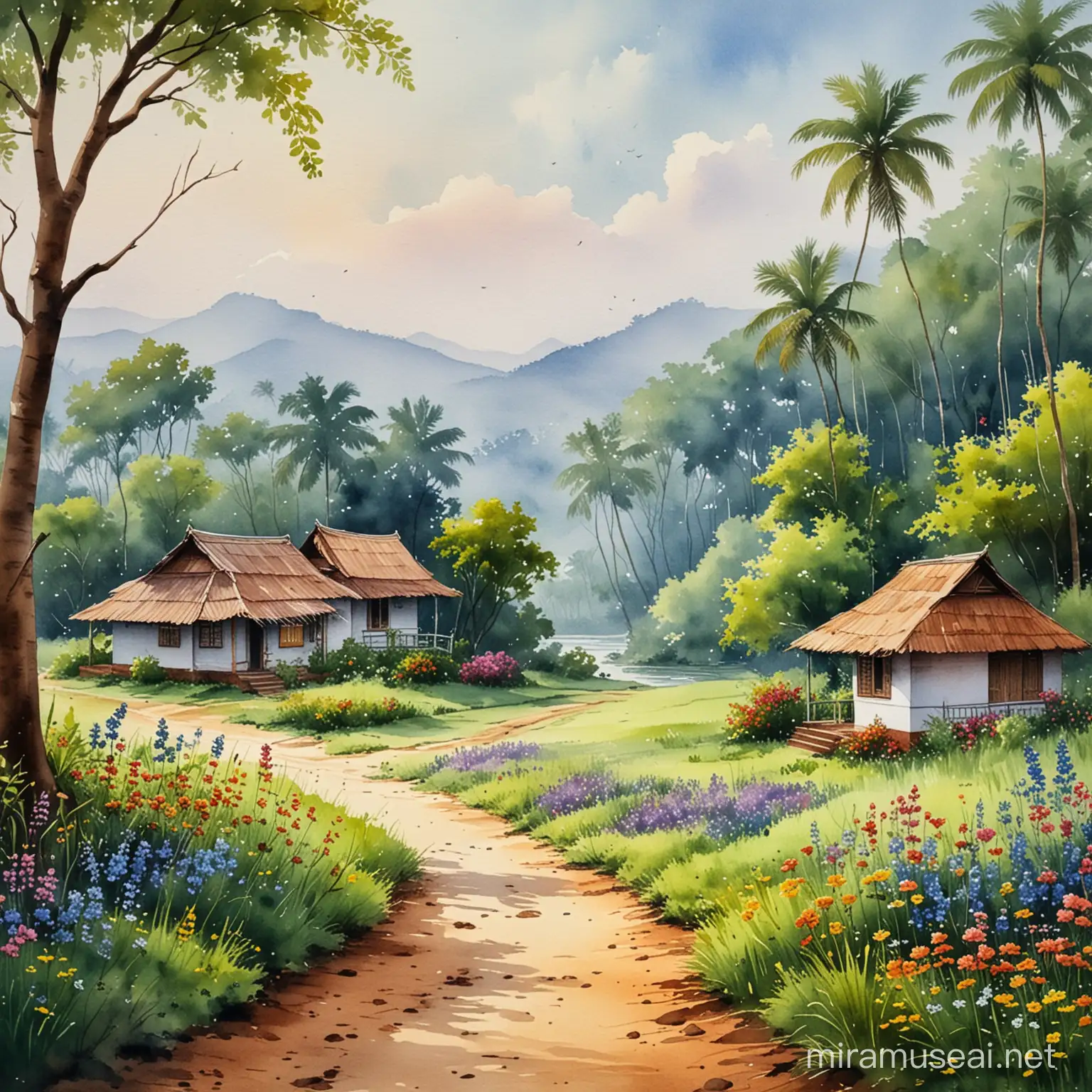 Tranquil Watercolor Painting Serene Kerala Village Landscape with Wildflowers