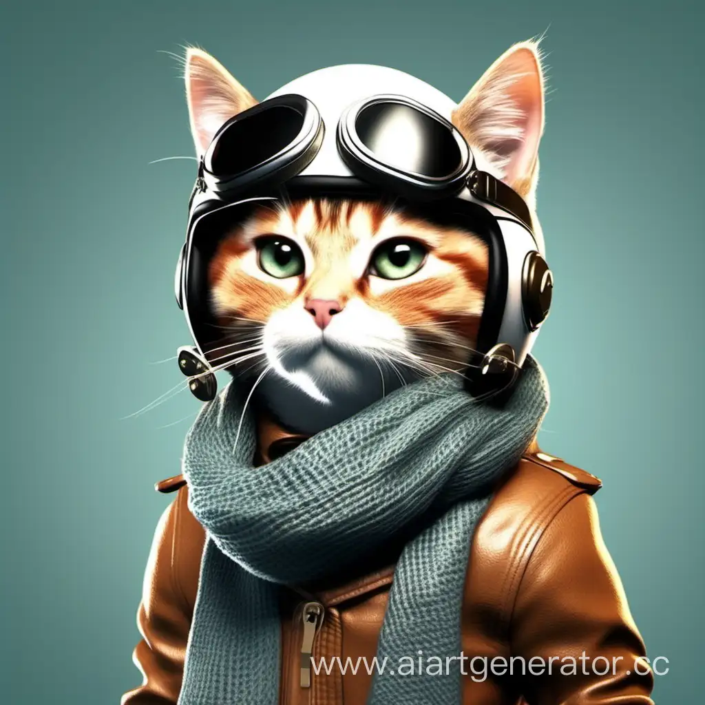 кот авиатор в шлеме и шарфе, анимационный стиль, 4k