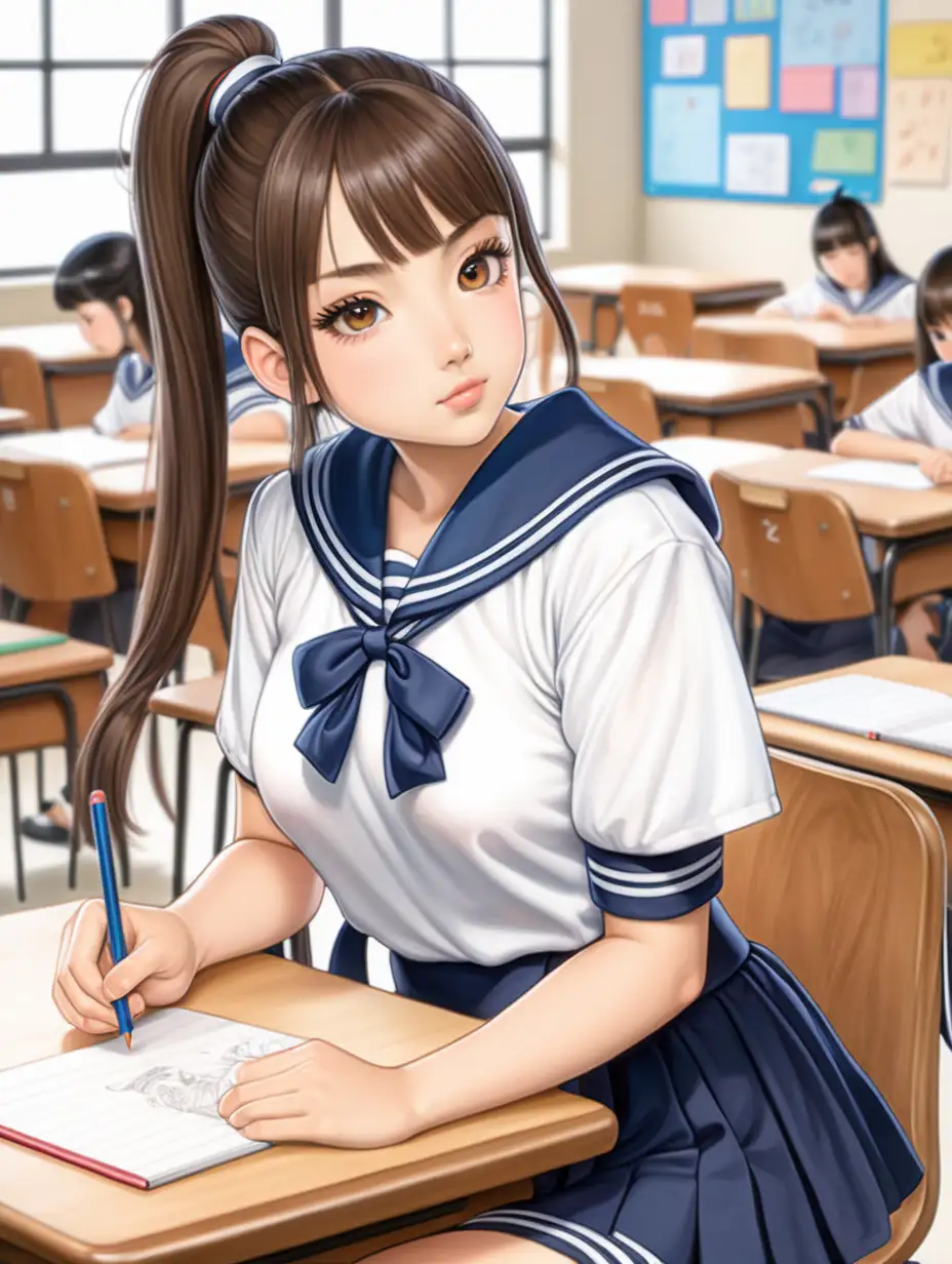 Japanese Sailor Suit Woman with Ponytail in Classroom Setting