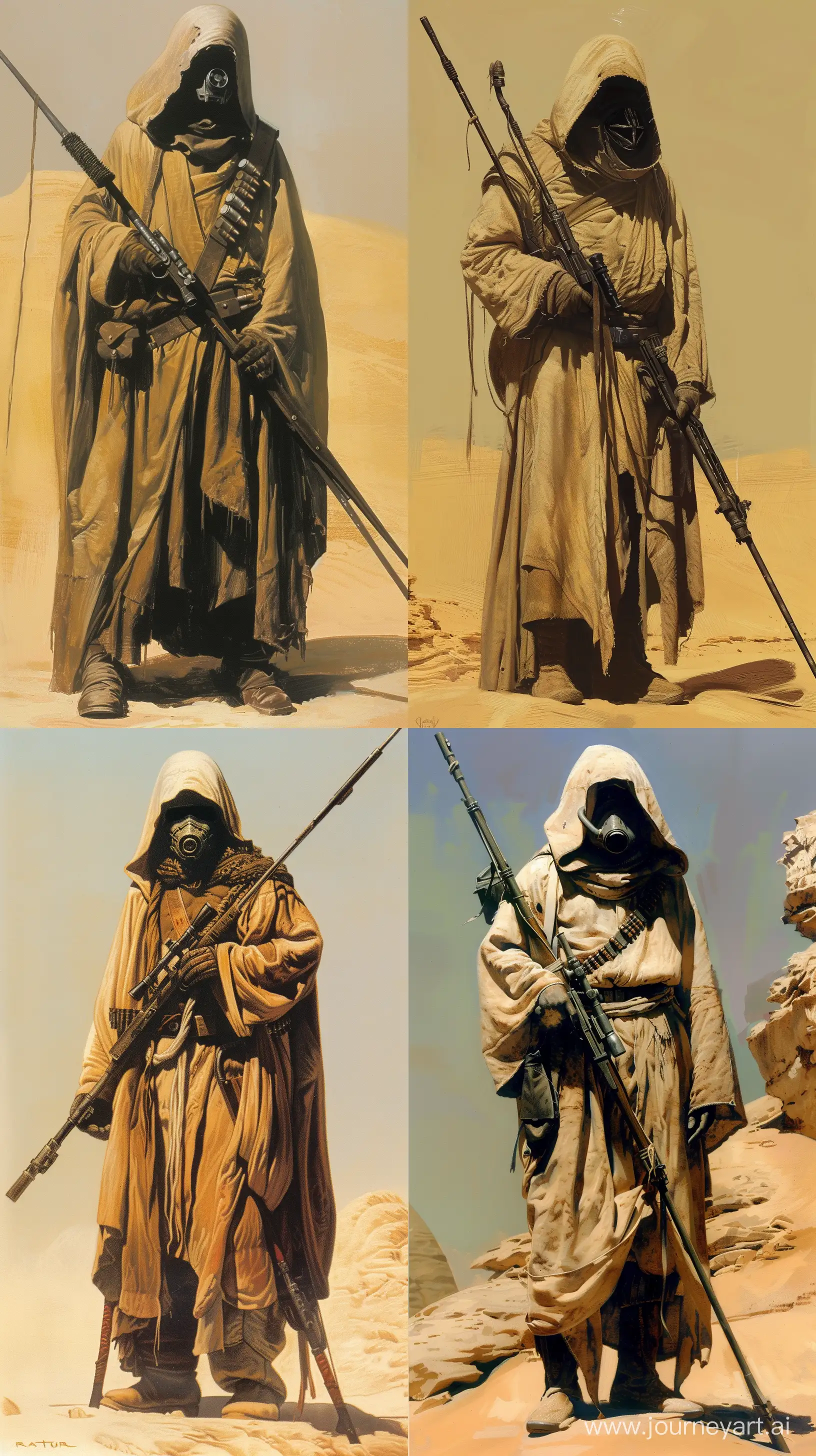 Old concept art by Ralph McQuarrie of a desert assassin fighter in hood and robes holding long thin rifle. similar to a Tusken raider. retro science fiction art. in color. --ar 9:16
