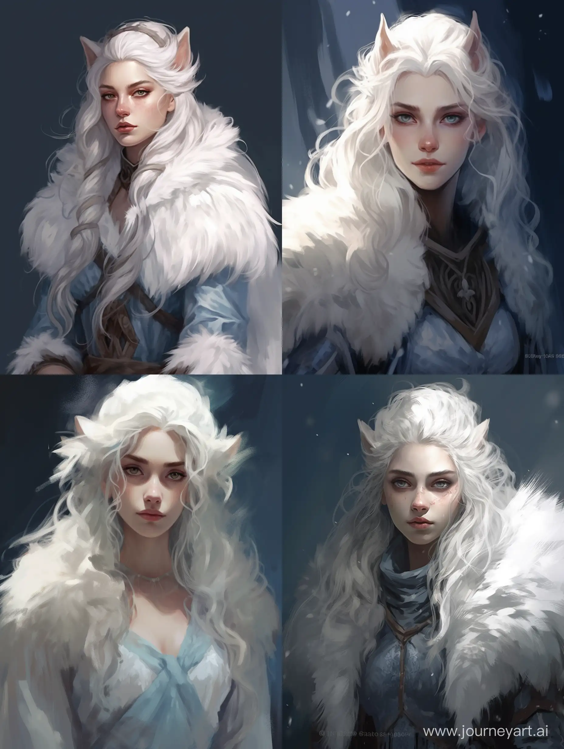 elf lady, white skin, blue eye, one eye covered by hair, fluffy white hair, blue eyes, calm expression, big ears, white and blue clothing