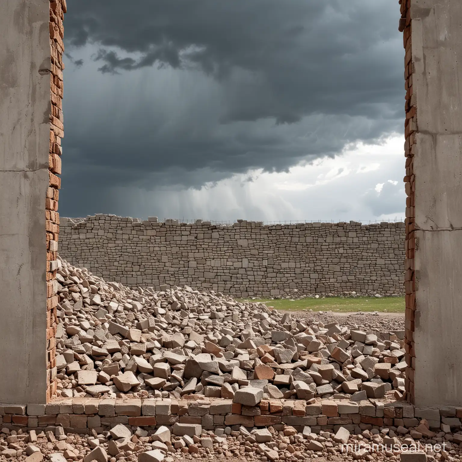 muro distrutto in primo piano, con una tempesta grigia sullo sfondo, inquadratura frontale