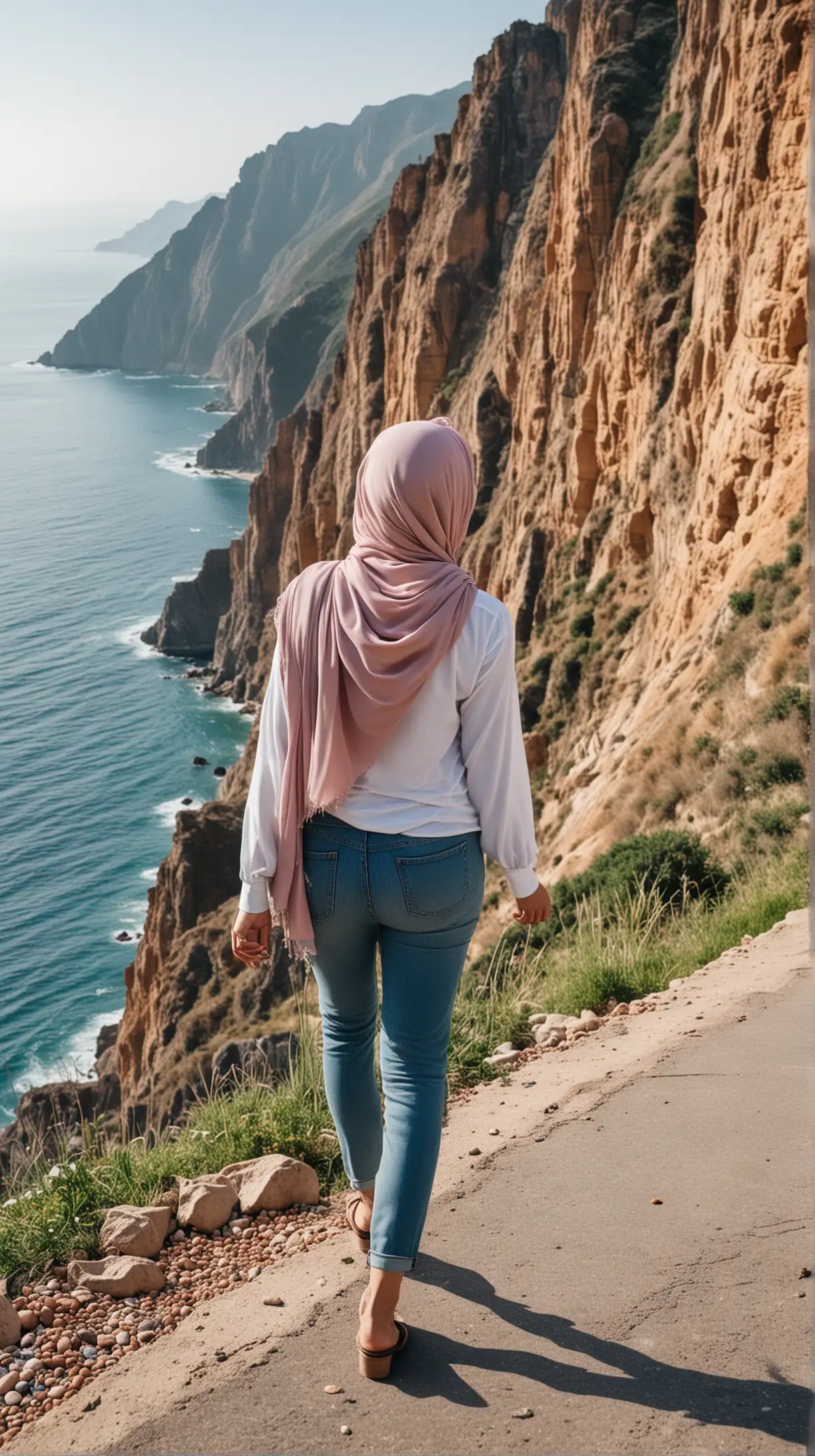 Wanita cantik behijab bercela jeans sesnag berjalan di tepi jalan raya ditepi gunung dan tebing. Tampak pemndangan laut yamg indah