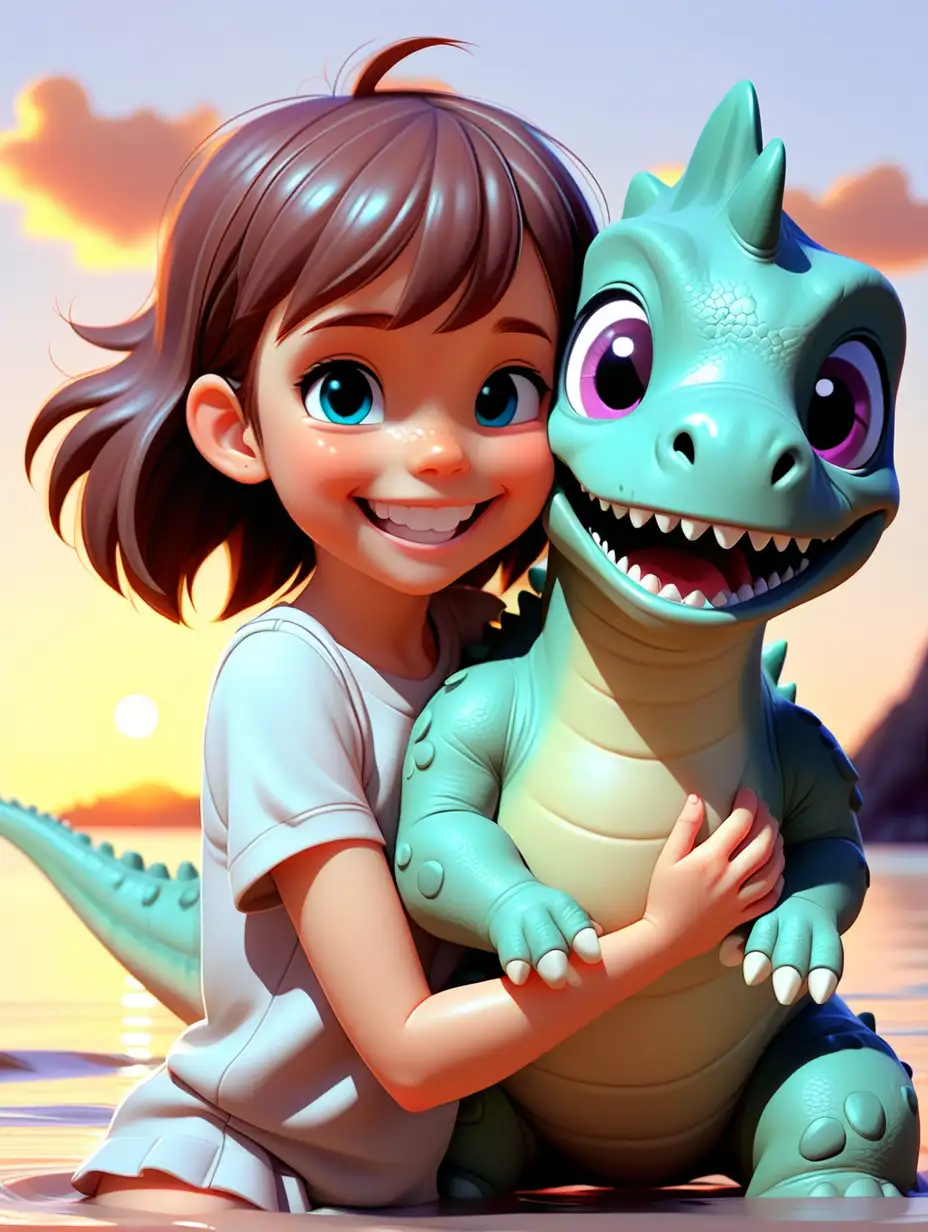 a cute little girl, cuddling her cute dinosaur , smiling, anime, sunrise , crystal clear aqua blue water, “-V6”