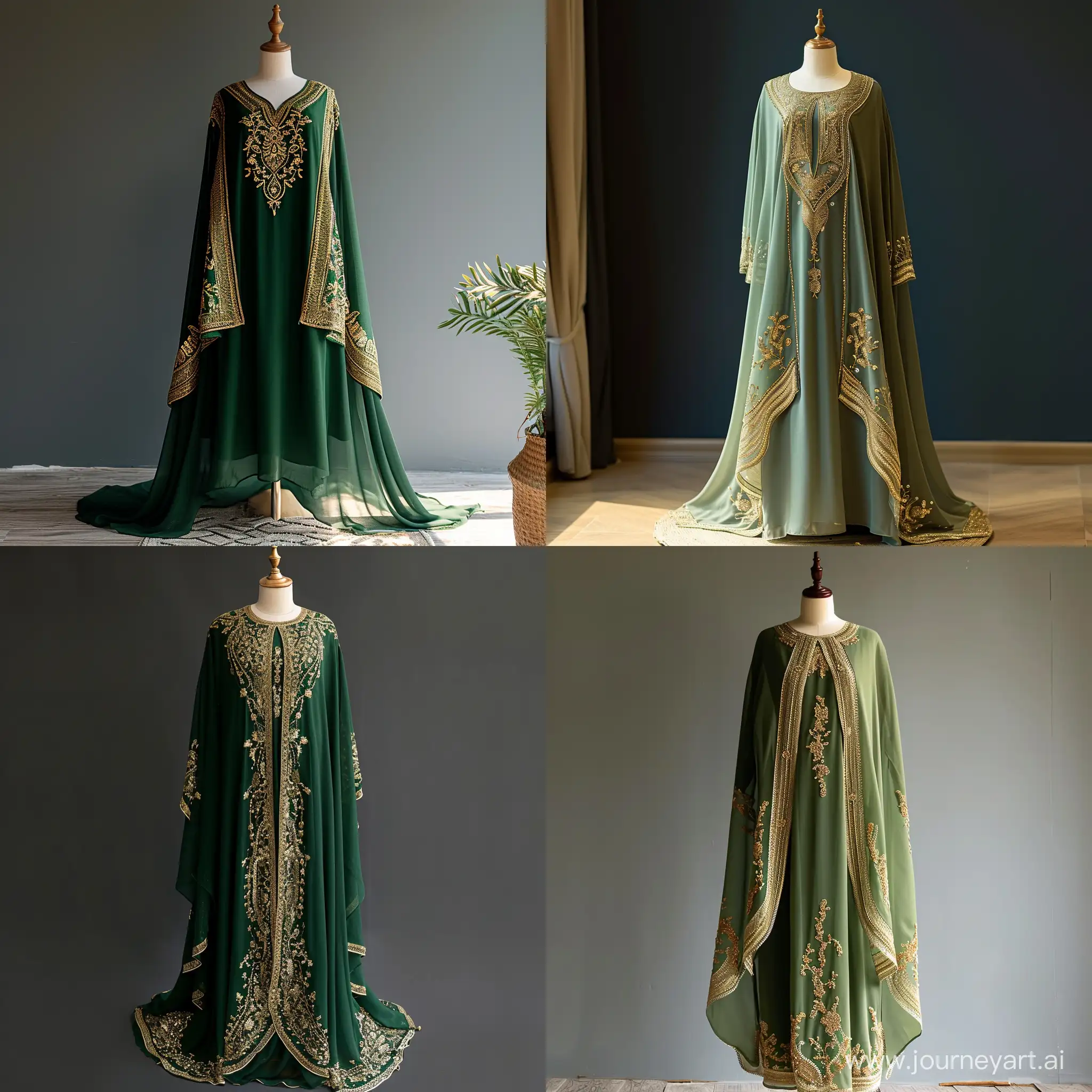 a beautiful green caftan dress with golden embroidery displayed on a mannequin
--ar 4:3 --s 750 --v 6